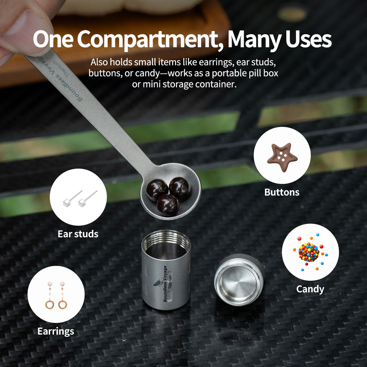 Multi-purpose titanium mini container storing small items earplugs jewelry and pills