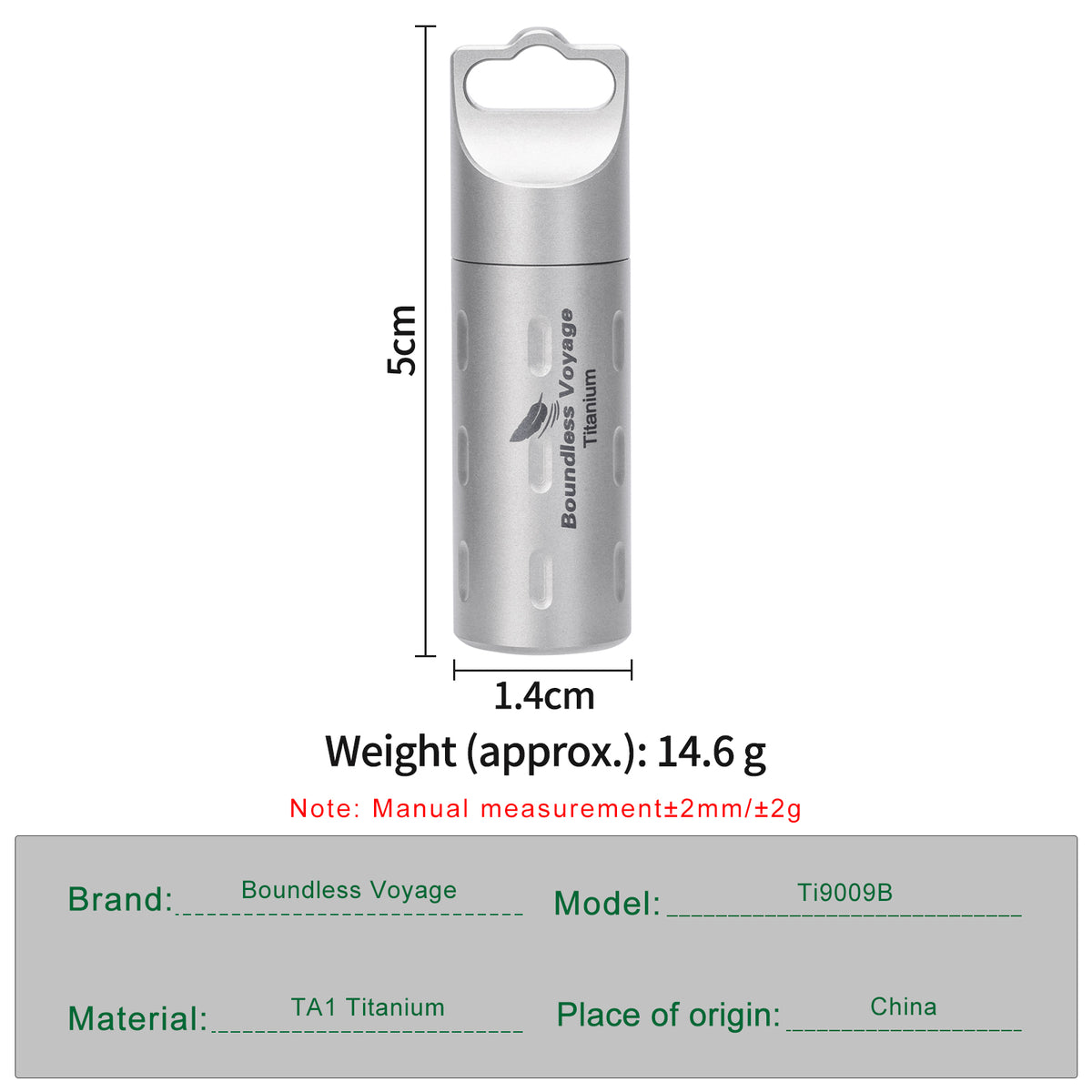 Boundless Voyage Ti9009B elongated pill container dimensions 5.0x1.4cm and weight 14.6g