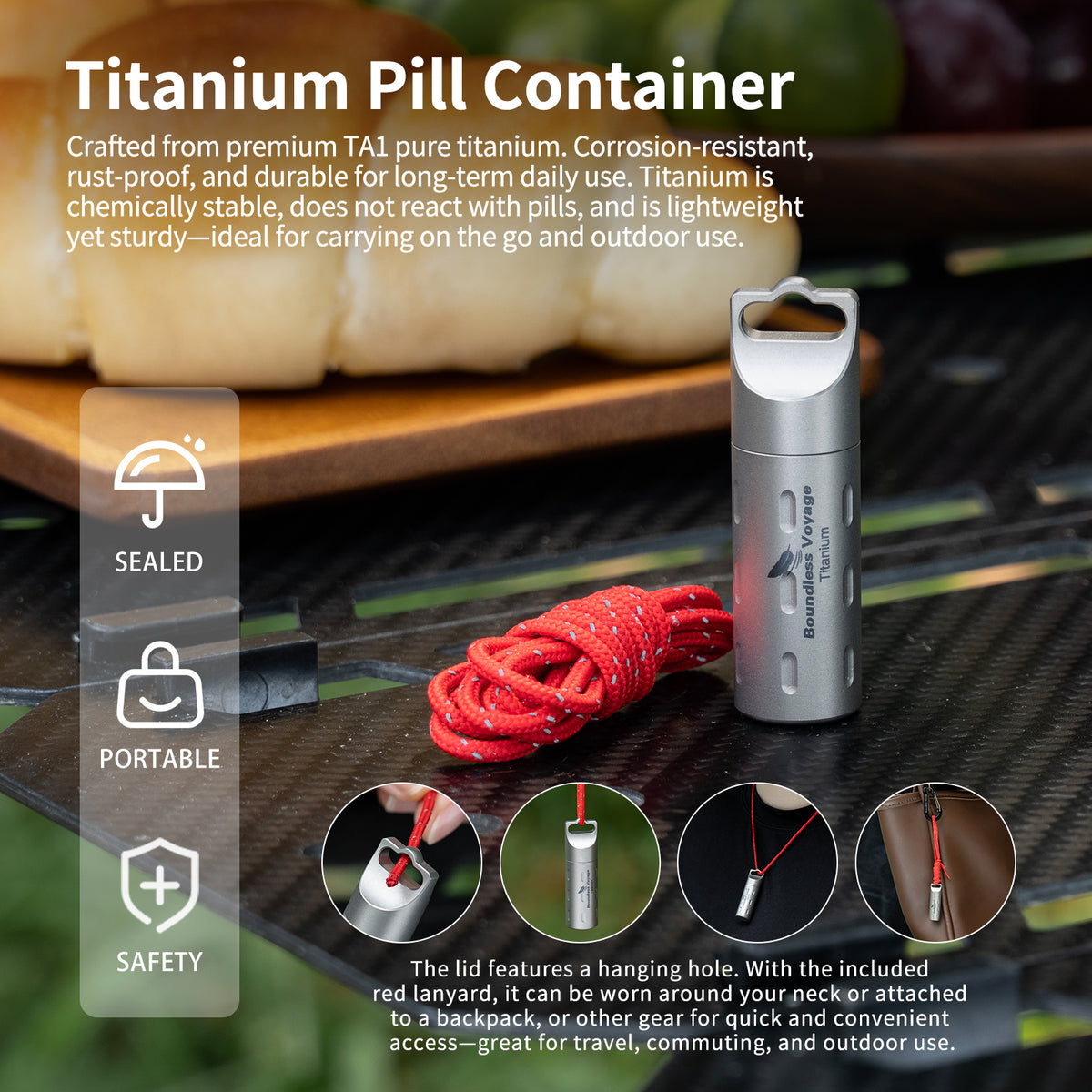 Boundless Voyage pure titanium elongated pill case Ti9009B with neck lanyard