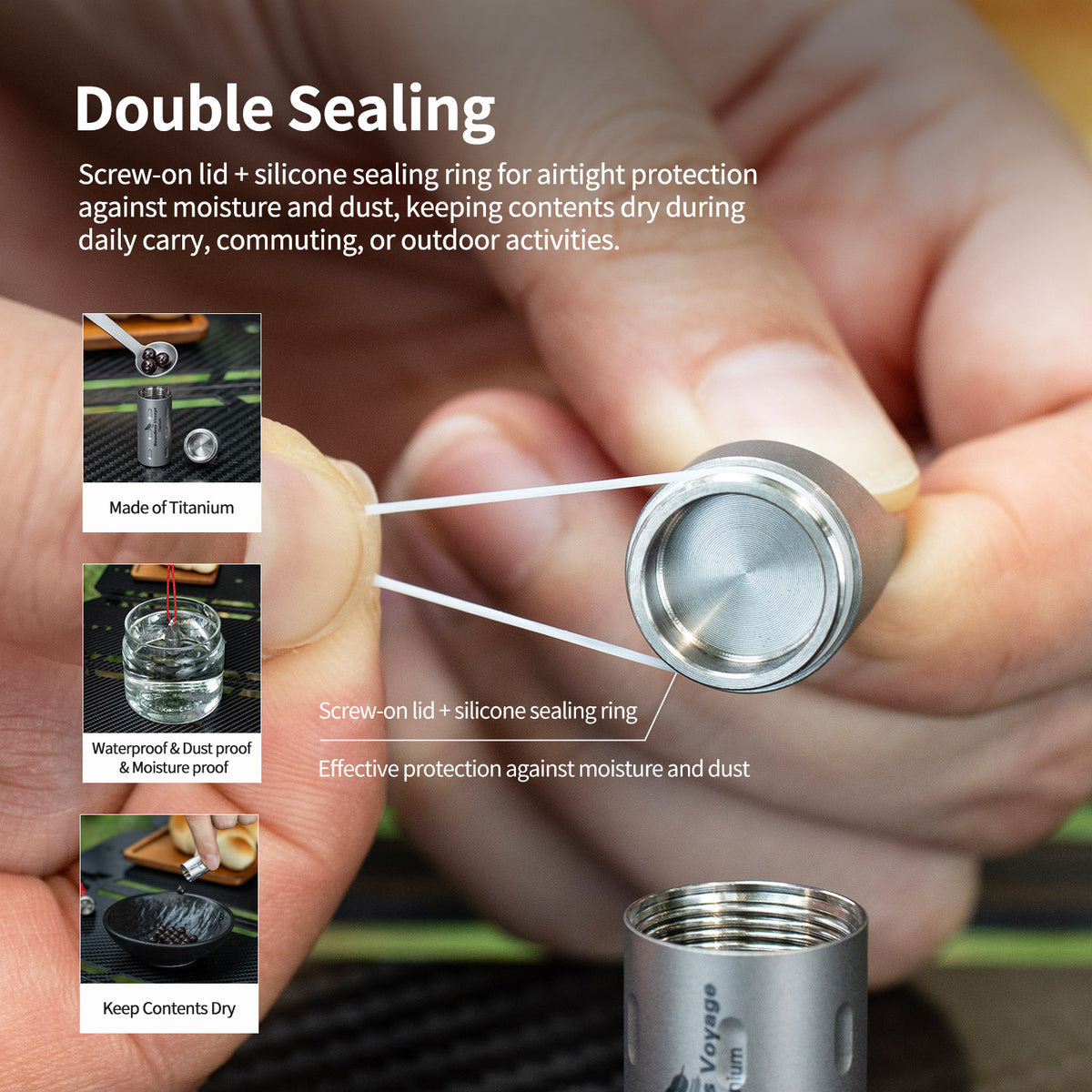 Silicone sealing O-ring and waterproof screw thread closure on Ti9009B pill holder