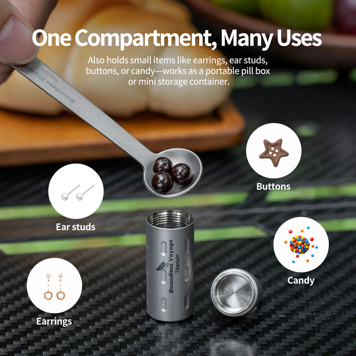 Ti9009B elongated compartment multi-use storage for long capsules earrings and pills