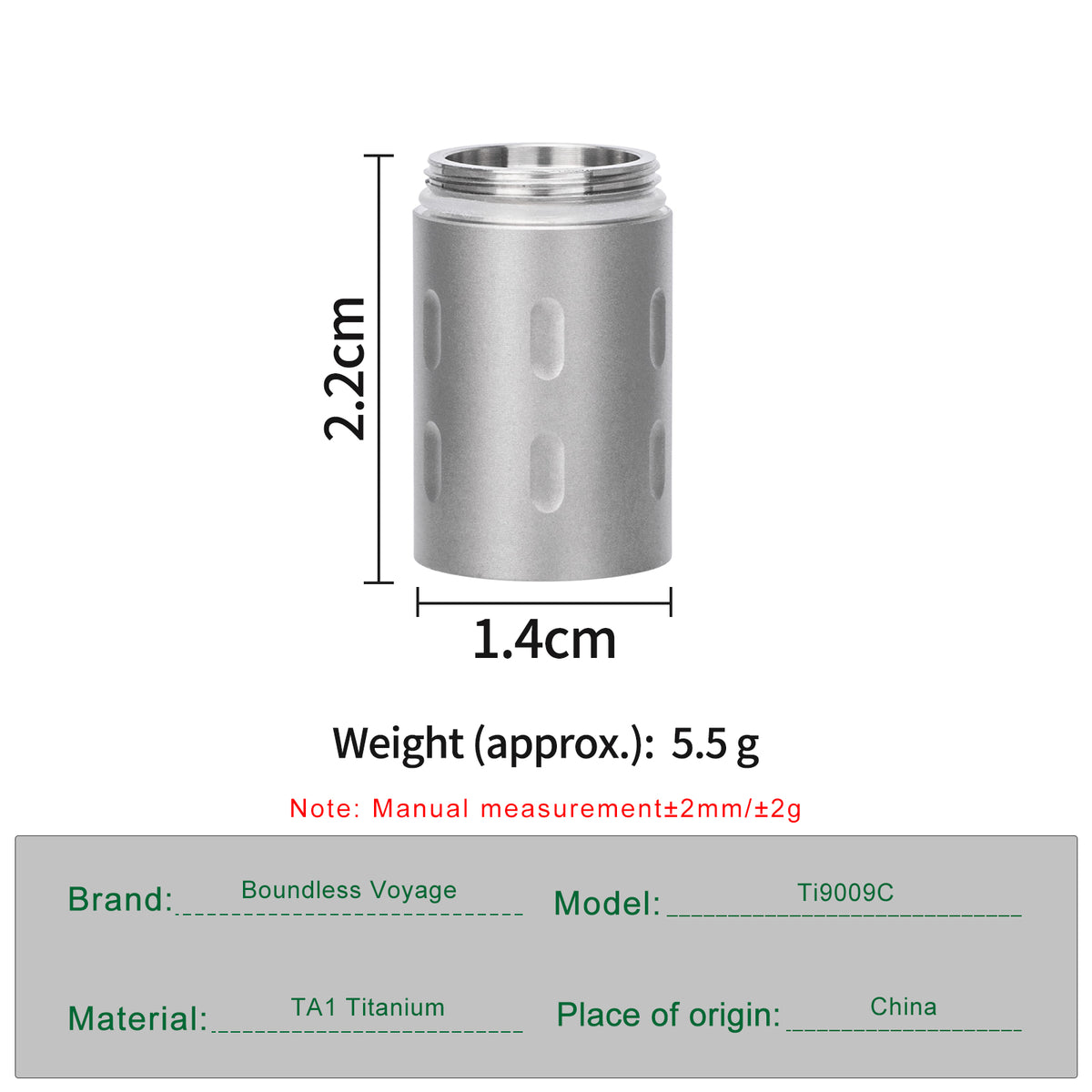 Boundless Voyage Ti9009C extension section dimensions 2.2x1.4cm and weight 5.5g