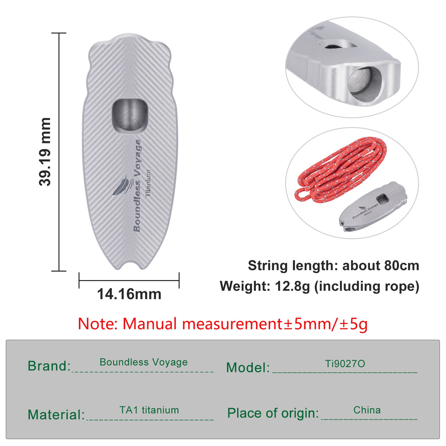 Boundless Voyage 120dB Titanium Survival Whistle Compact Emergency Safety Whistle Ultra-Light & Anti-Corrosion Rust-Proof Whistles for Outdoor, Hiking, Camping & Rescue Ti9027O