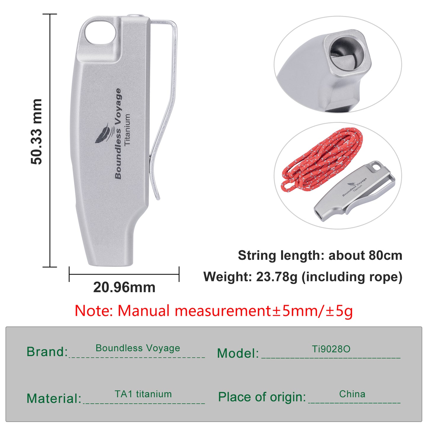 Boundless Voyage 120dB Titanium Survival Whistle Compact Emergency Safety Whistle Ultra-Light & Anti-Corrosion Rust-Proof Whistles for Outdoor, Hiking, Camping & Rescue Ti9028O