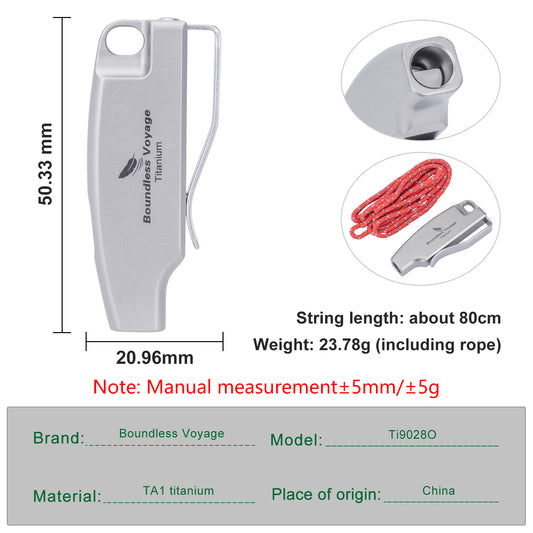 Boundless Voyage 120dB Titanium Survival Whistle Compact Emergency Safety Whistle Ultra-Light & Anti-Corrosion Rust-Proof Whistles for Outdoor, Hiking, Camping & Rescue Ti9028O