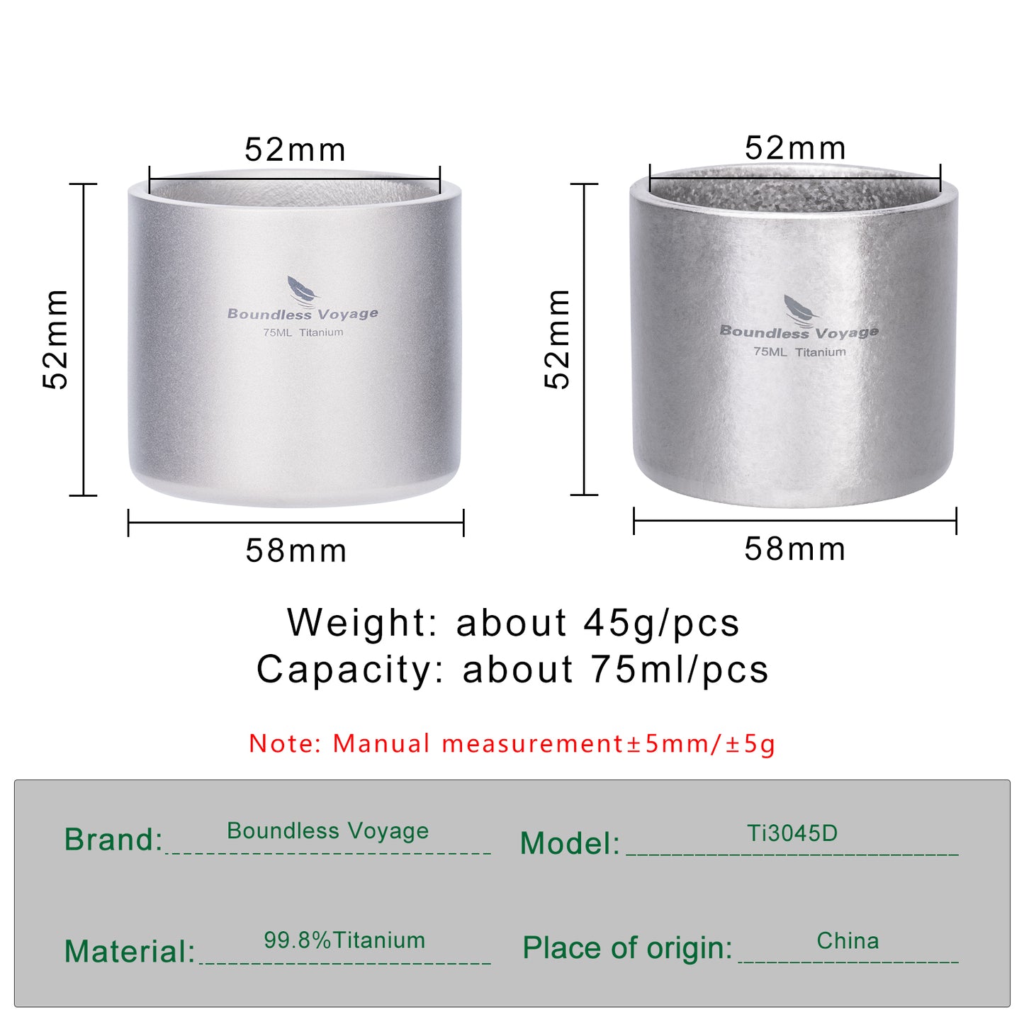 Boundless Voyage 75ml Titanium Double-Wall Mug with Storage Bag, Ultralight Anti-Scald Cup for Camping Hiking Travel Ti3045D