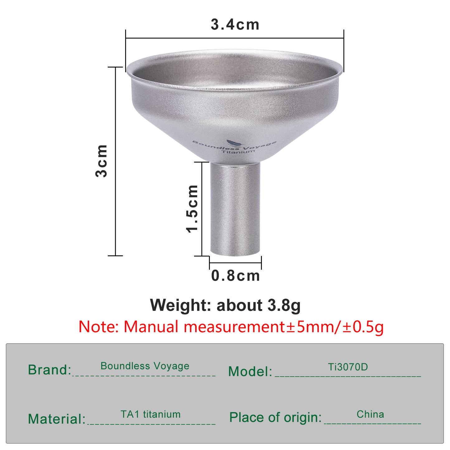 Boundless Voyage Titanium Funnel for Kitchen Bar Camping Lightweight Portable Durable No-Spill Metal Refilling Tool for Liquids, Oil, Wine, Soy Sauce & Spices, Dishwasher Safe Ti3070D
