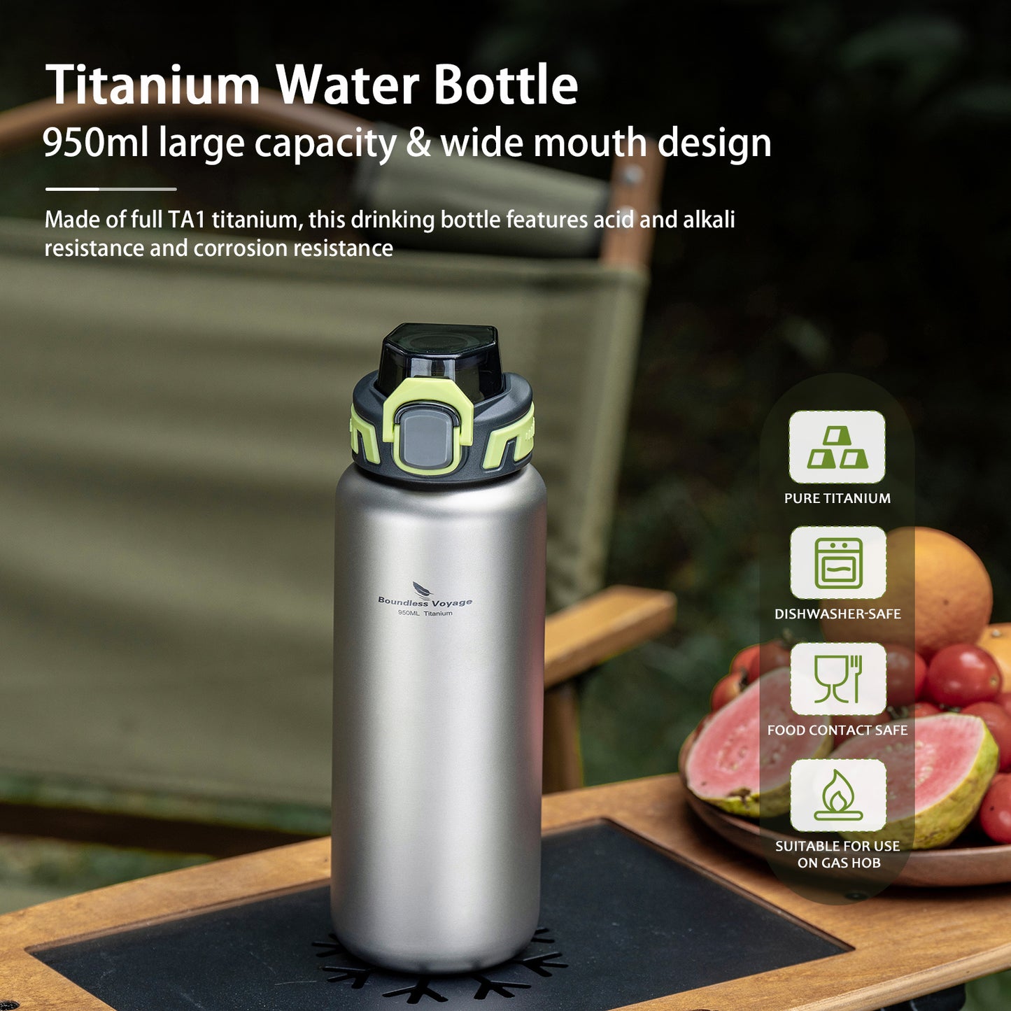 Boundless Voyage 950ml Titanium Water Bottle with Dual Lids, Wide Mouth Single-Wall Canteen for Hiking Camping Sport Ti3018D
