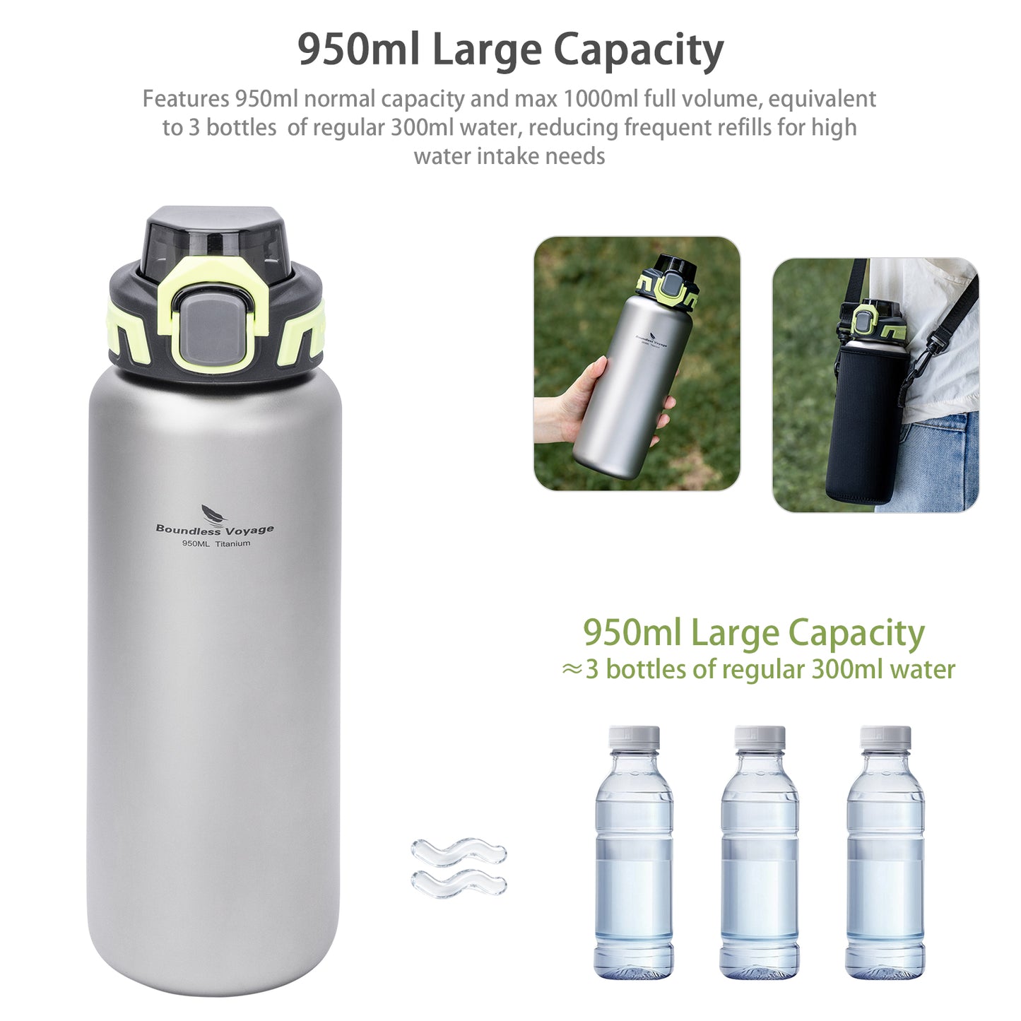 Boundless Voyage 950ml Titanium Water Bottle with Dual Lids, Wide Mouth Single-Wall Canteen for Hiking Camping Sport Ti3018D