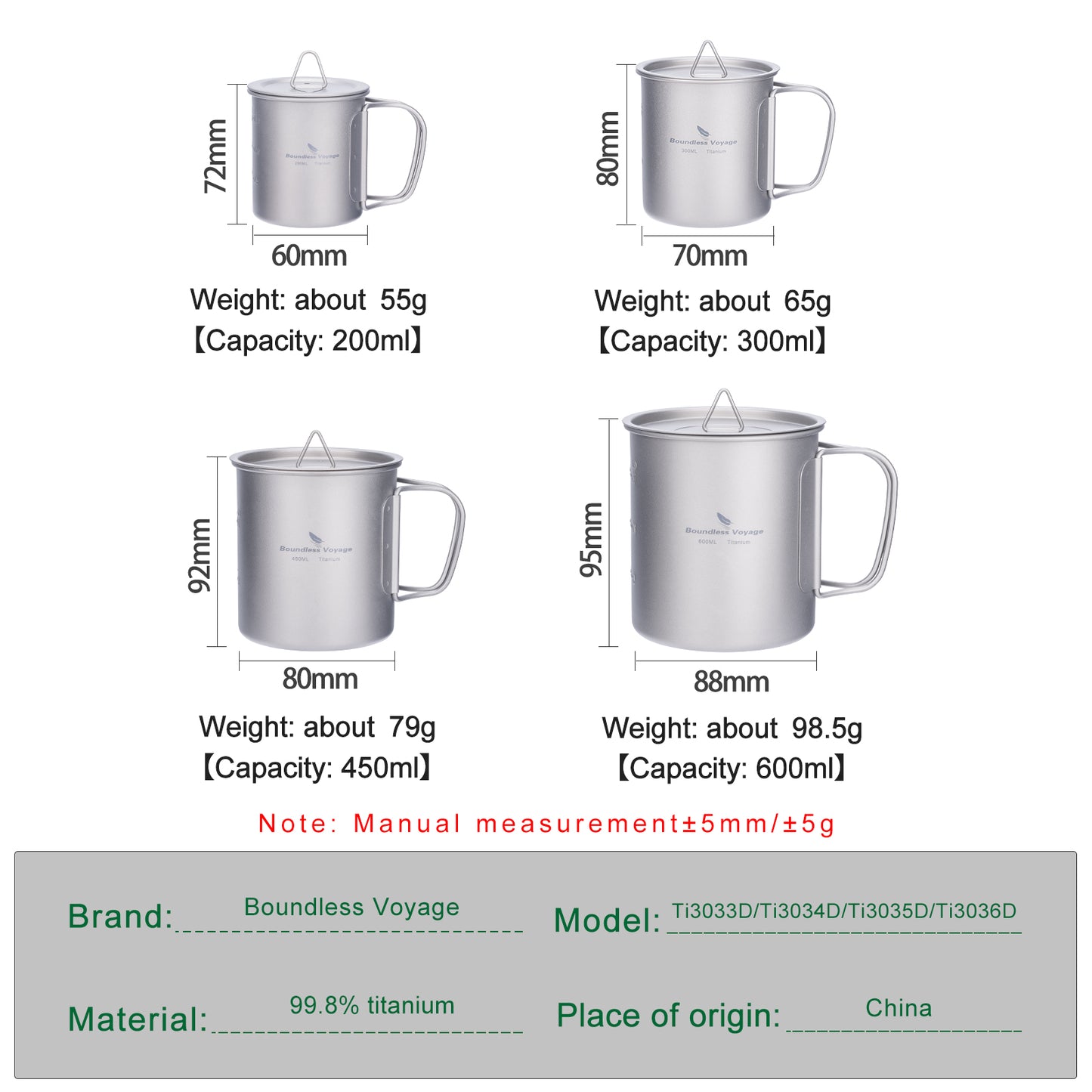 Boundless Voyage Taza de Titanio con Tapa 200–750ml, Taza de Camping Portátil Ultraligera de Pared Simple para Té Café Senderismo Ti3033D-Ti3037D