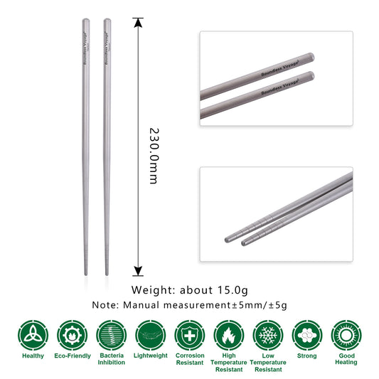 Boundless Voyage 23cm Pure Titanium Round Chopsticks | Ultralight Reusable Cutlery for Home Camping Travel Outdoor Dining Ti1002T
