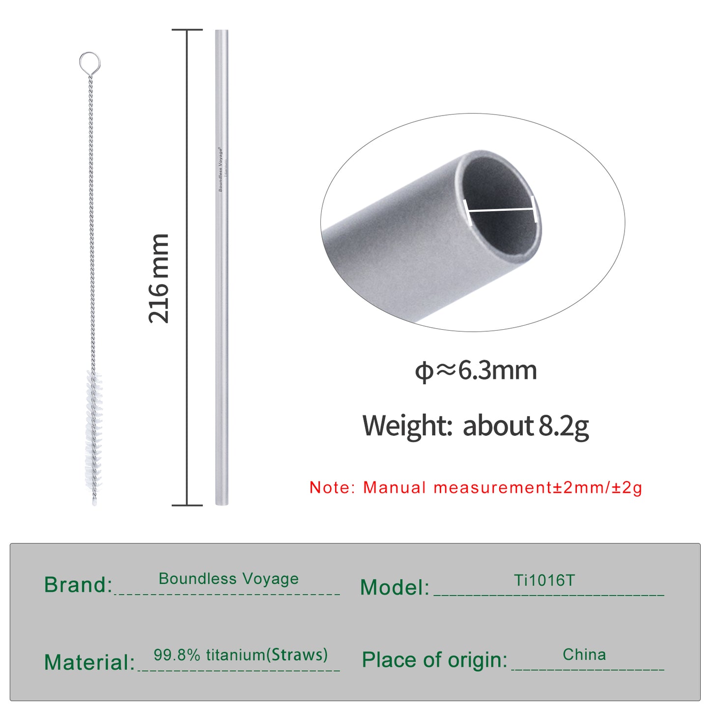 Boundless Voyage Reusable Titanium Straws, Straight Drinking Straw Kit with Cleaning Brush & Storage Bag, Non-Disposable Eco-Friendly Drinkware for Home Travel Camping Ti1016T