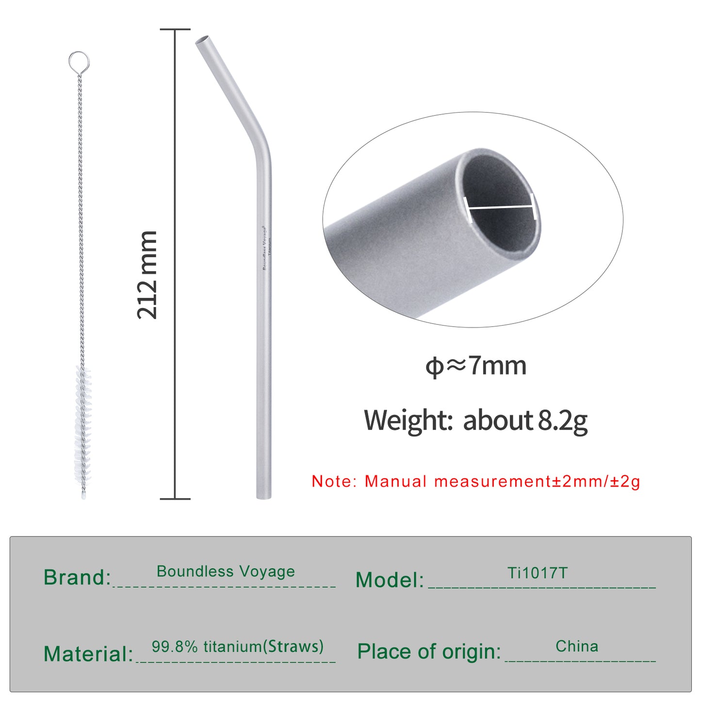 Boundless Voyage Reusable TA1 Titanium Straws, Curved Metal Drinking Straw Kit with Cleaning Brush & Storage Bag, Non-Disposable Eco-Friendly Drinkware for Home Travel Camping Ti1017T