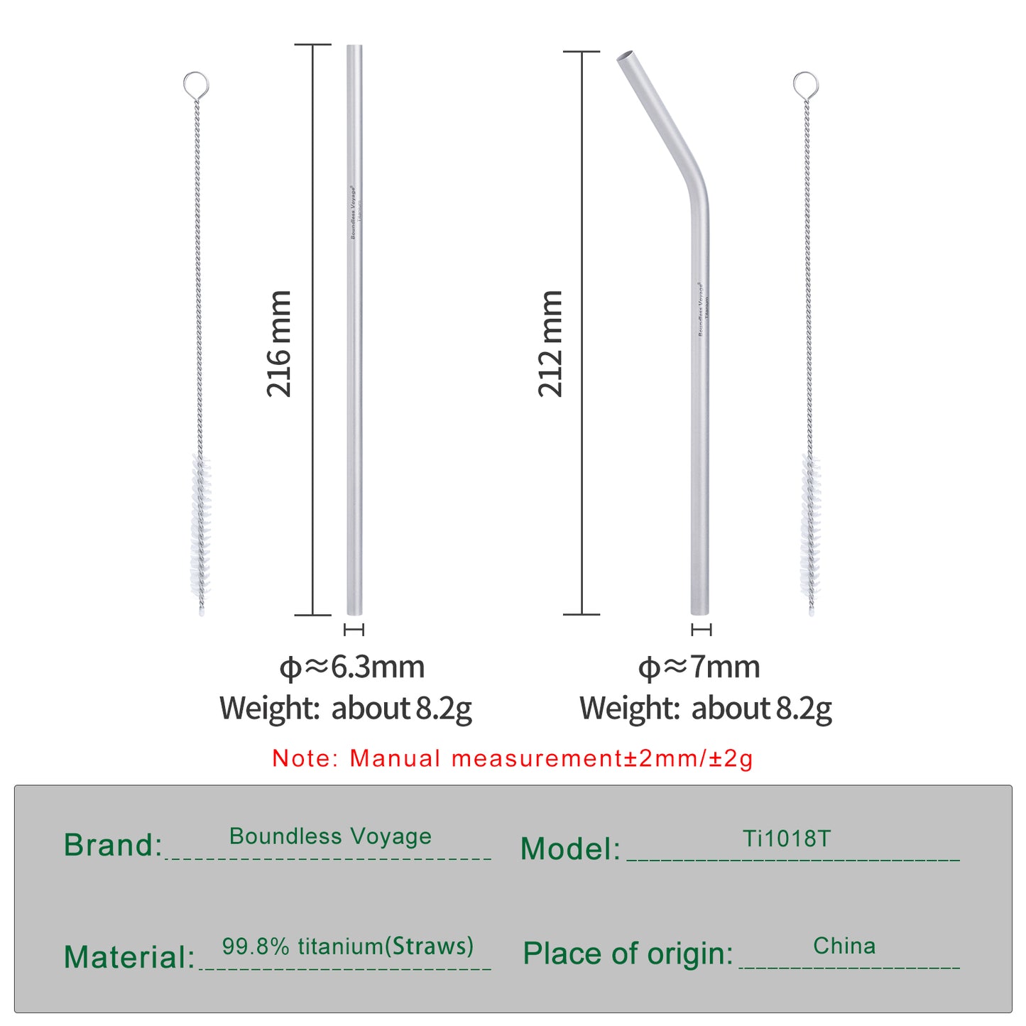 Boundless Voyage Reusable Titanium Straws, Straight & Curved Metal Drinking Straw Kit with Cleaning Brush & Storage Bag, Non-Disposable Eco-Friendly Drinkware for Home Travel Camping Ti1018T