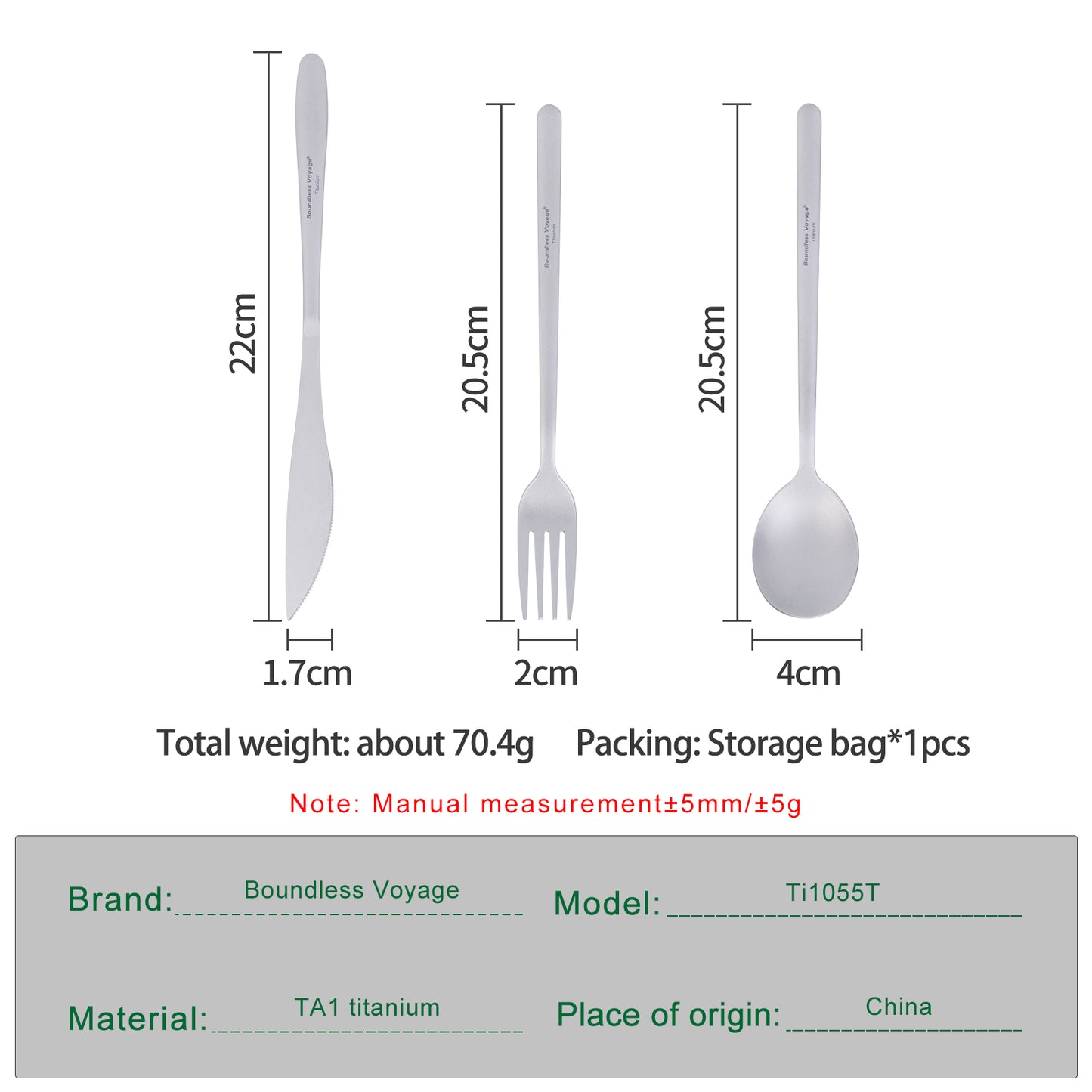 Boundless Voyage Pure Titanium Cutlery Set | Knife Fork Spoon, Ultralight Portable Tableware for Camping Travel Daily Home Use Ti1055T