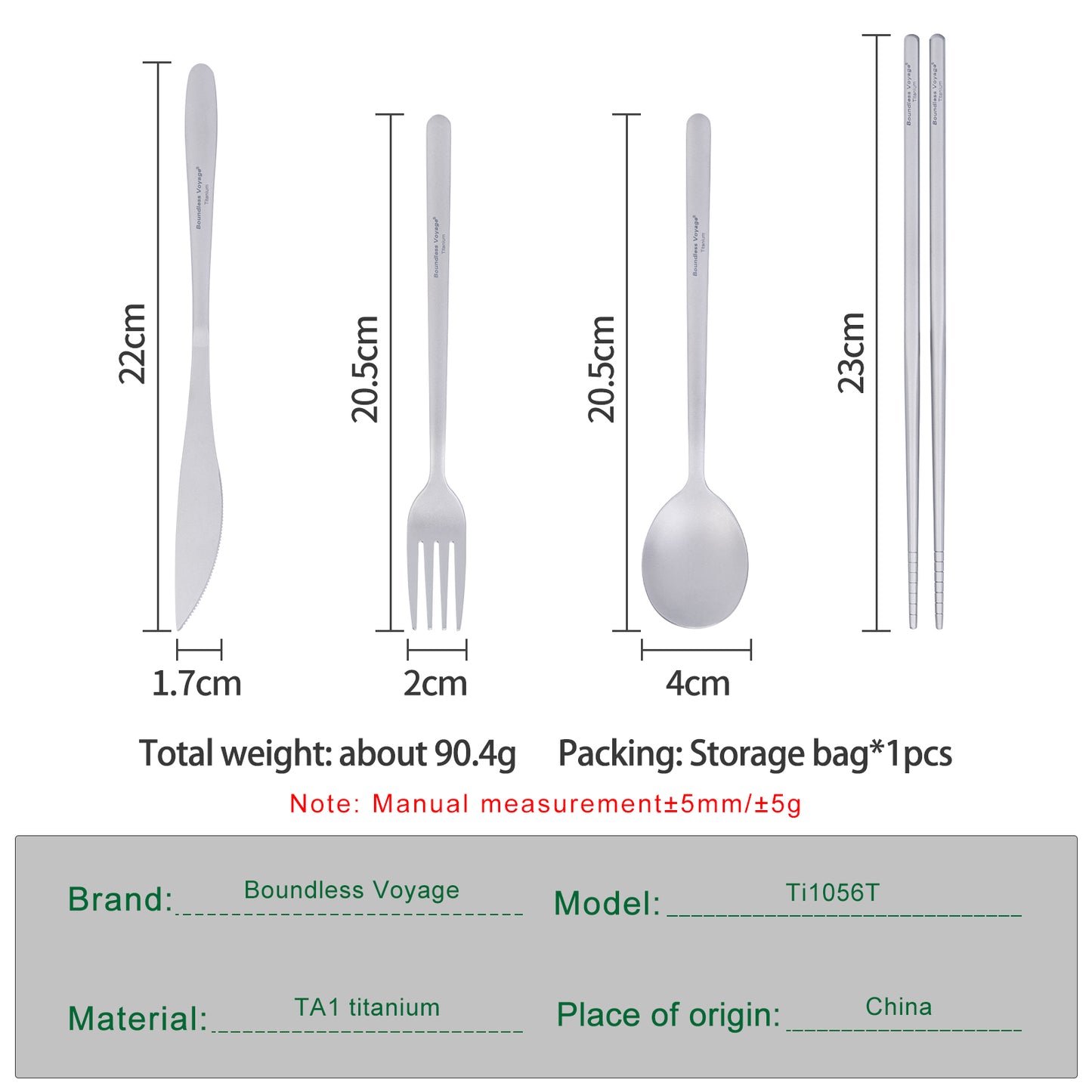 Boundless Voyage Pure Titanium Cutlery Set | Chopsticks Knife Fork Spoon, Ultralight Portable Tableware for Camping Travel Daily Home Use Ti1056T