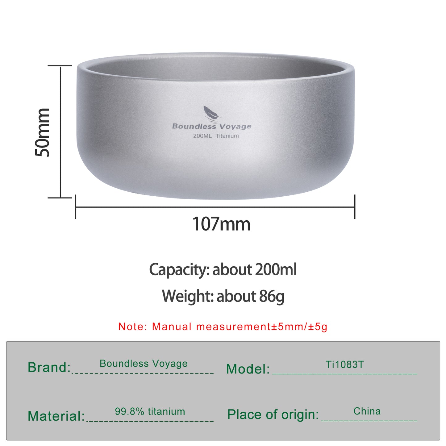 Boundless Voyage Sandblasted Double Walled Pure Titanium Bowl 200ml / 420ml | Ultralight Portable Metal Tableware for Oatmeal, Rice, Soup, Outdoor Camping & Daily Home Use Ti1083T/Ti1084T