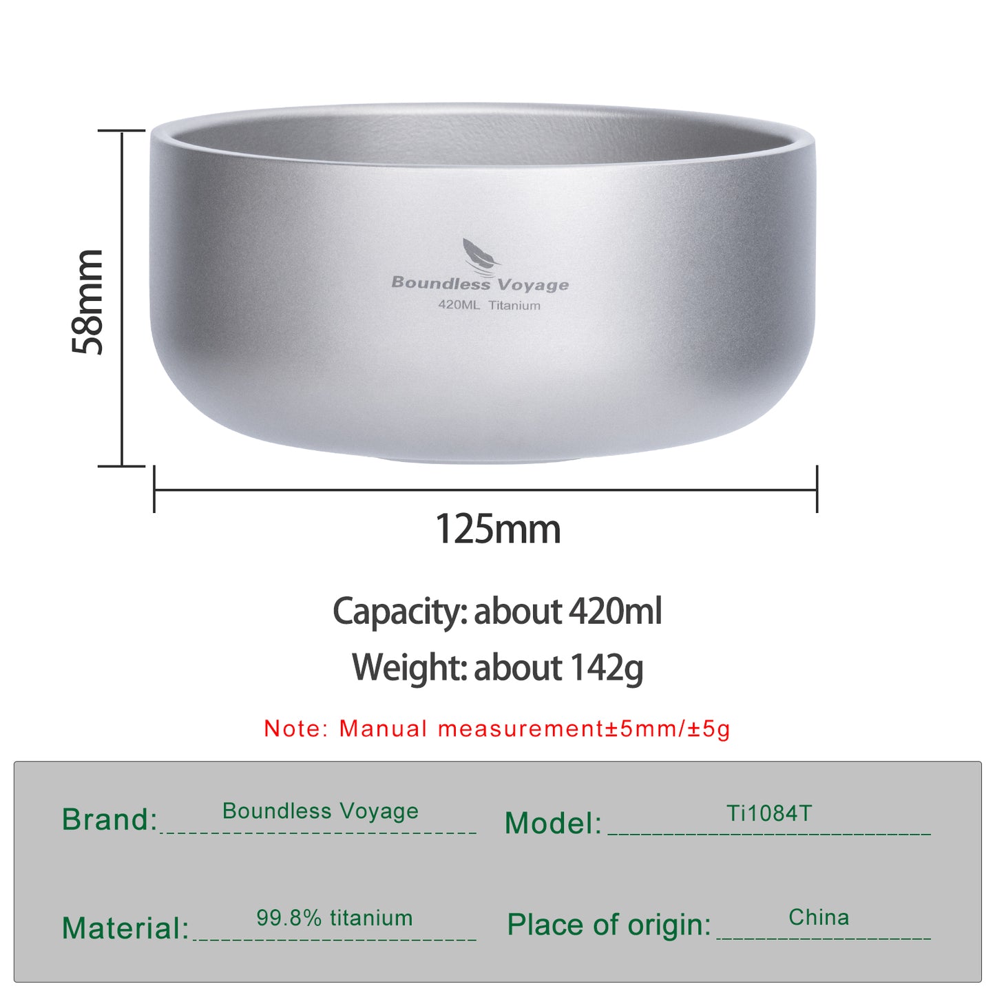 Boundless Voyage Sandblasted Double Walled Pure Titanium Bowl 200ml / 420ml | Ultralight Portable Metal Tableware for Oatmeal, Rice, Soup, Outdoor Camping & Daily Home Use Ti1083T/Ti1084T