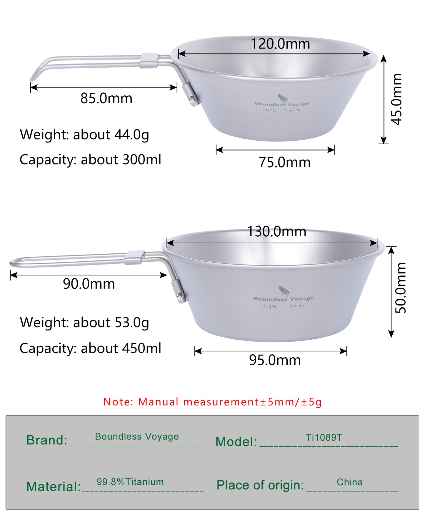 Boundless Voyage Titanium Sierra Bowl Foldable Handle Anti-Drip Spout, 300ml 450ml Camping Bowl Ti1087T-Ti1089T