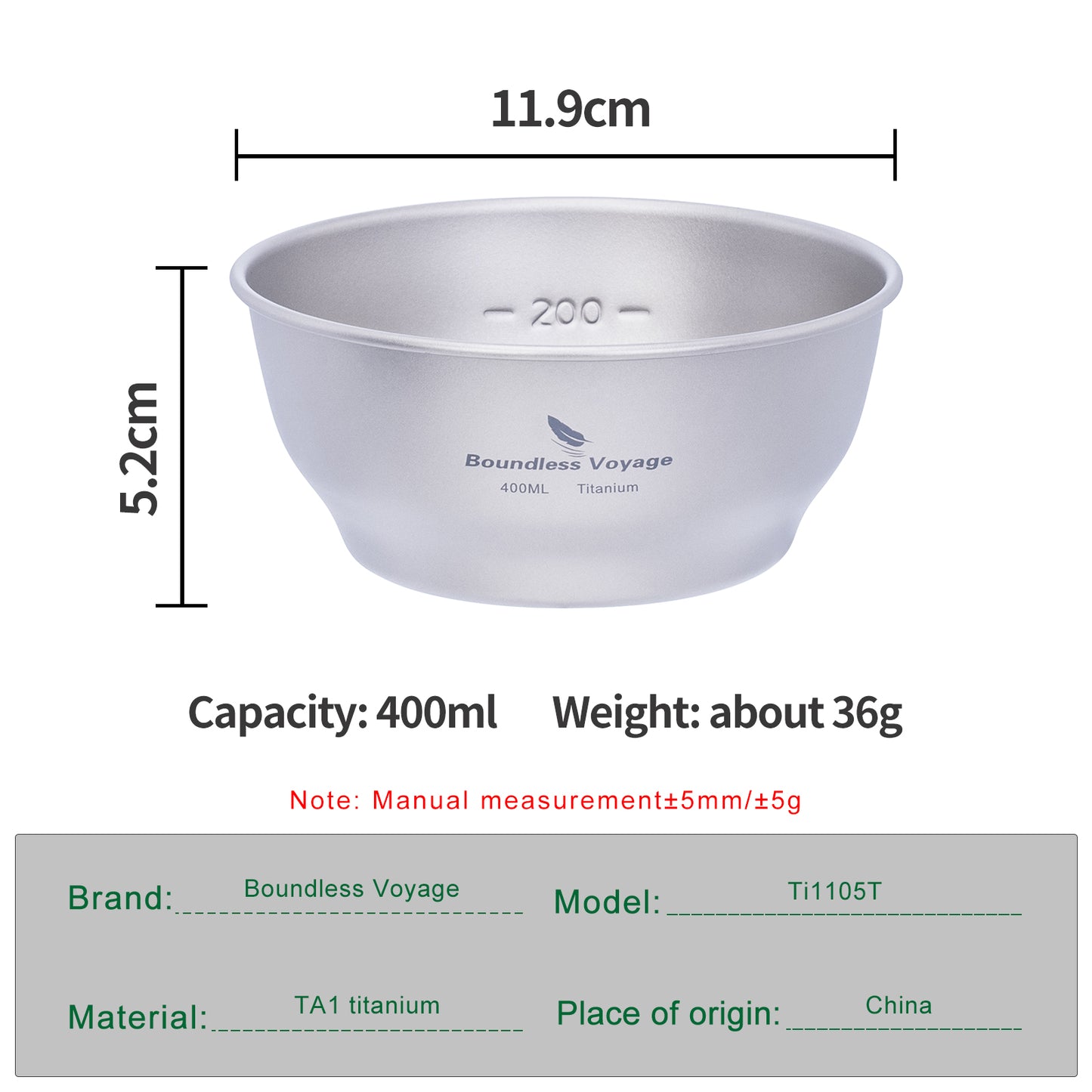 Boundless Voyage 400ml Ultralight Titanium Camping Bowl | Single-Wall Portable Outdoor Dish for Hiking, Backpacking & Travel Ti1105T