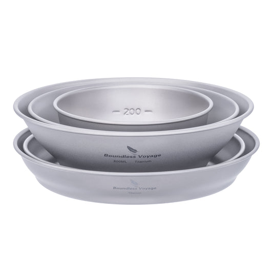 Boundless Voyage Ultralight Pure Titanium 5-Piece Tableware Set, 3 Bowls + 2 Plates with Storage Carry Bag, Portable Camping Dish Set for Hiking & Travel Ti1110T