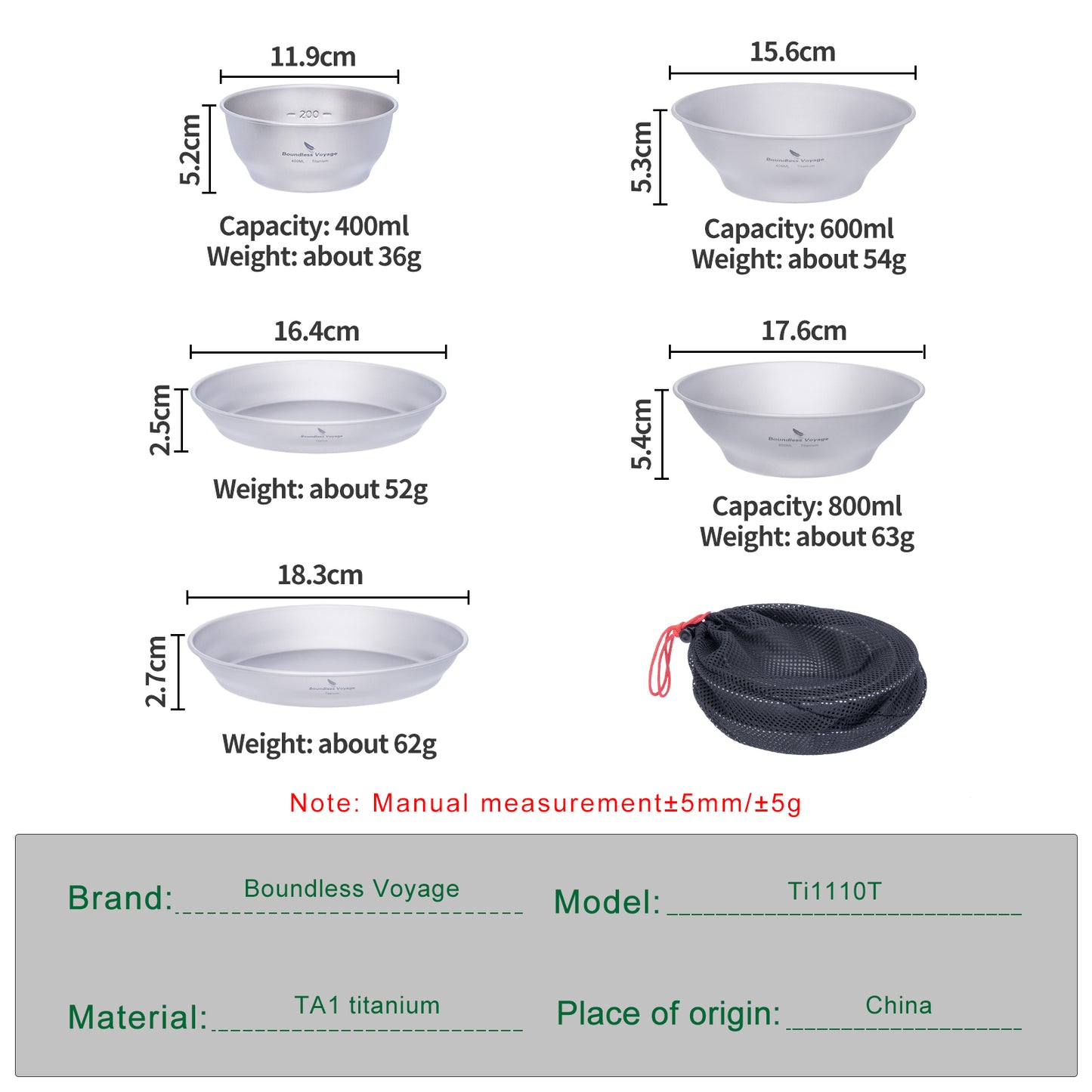 Boundless Voyage Sandblasted Ultralight Pure Titanium 5Pcs Tableware Cookware Set, 3 Bowls + 2 Plates with Storage Carry Bag, Portable Outdoor Camping Dish Pan for Hiking Travel Ti1110T