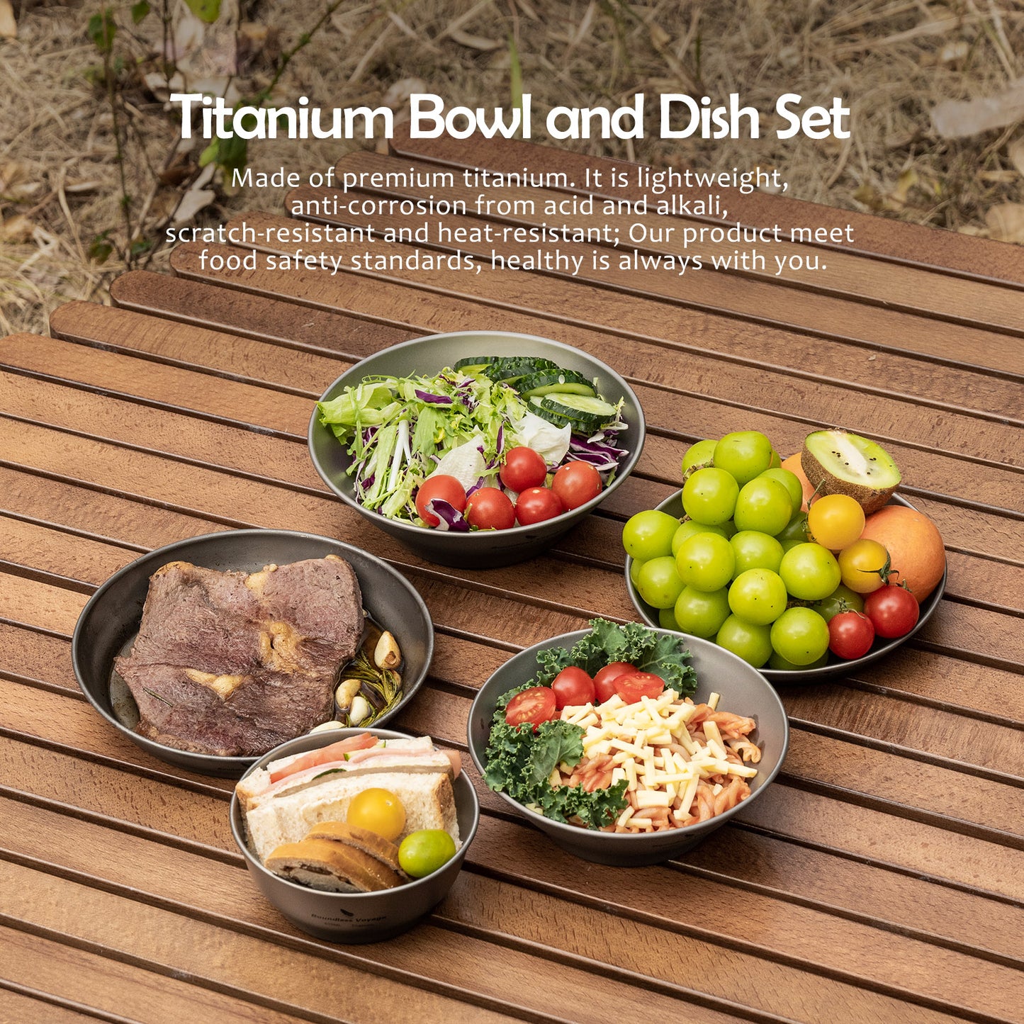 Boundless Voyage Sandblasted Ultralight Pure Titanium 5Pcs Tableware Cookware Set, 3 Bowls + 2 Plates with Storage Carry Bag, Portable Outdoor Camping Dish Pan for Hiking Travel Ti1110T