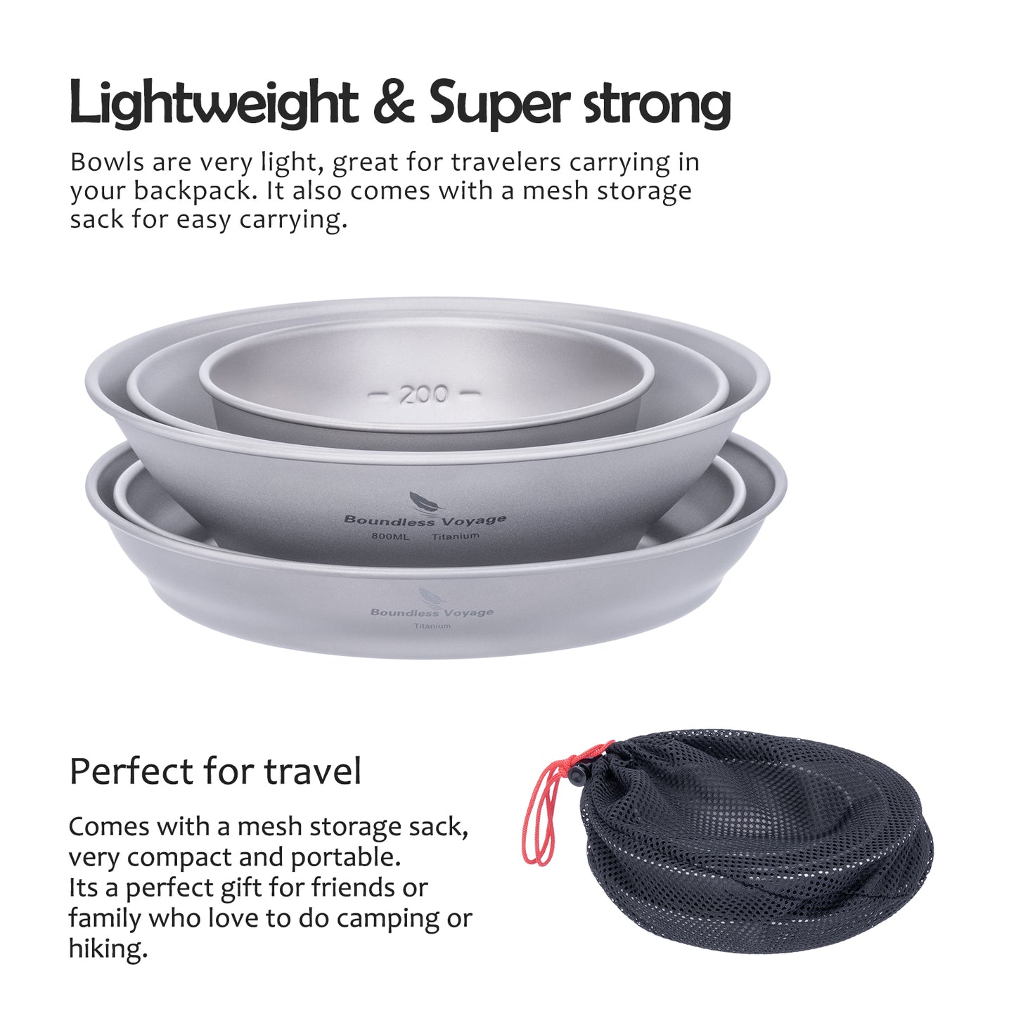 Boundless Voyage Sandblasted Ultralight Pure Titanium 5Pcs Tableware Cookware Set, 3 Bowls + 2 Plates with Storage Carry Bag, Portable Outdoor Camping Dish Pan for Hiking Travel Ti1110T