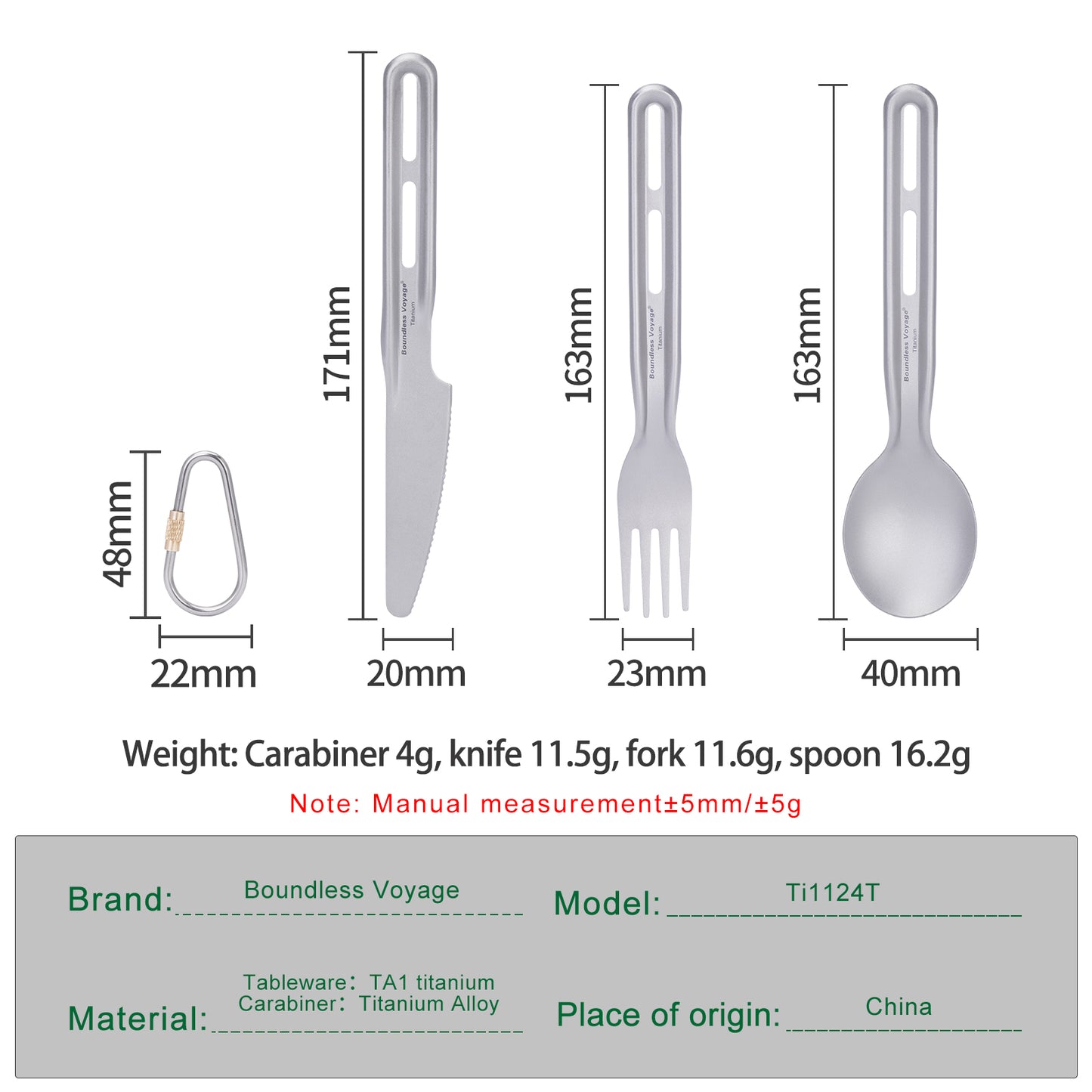 Boundless Voyage Ultralight Titanium Cutlery Set , Knife Spoon Fork Chopsticks Portable Tableware for Camping Travel  Ti1124T/Ti1125T
