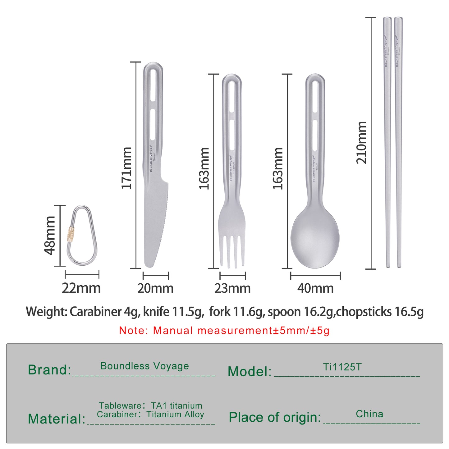 Boundless Voyage Ultralight Titanium Cutlery Set , Knife Spoon Fork Chopsticks Portable Tableware for Camping Travel  Ti1124T/Ti1125T
