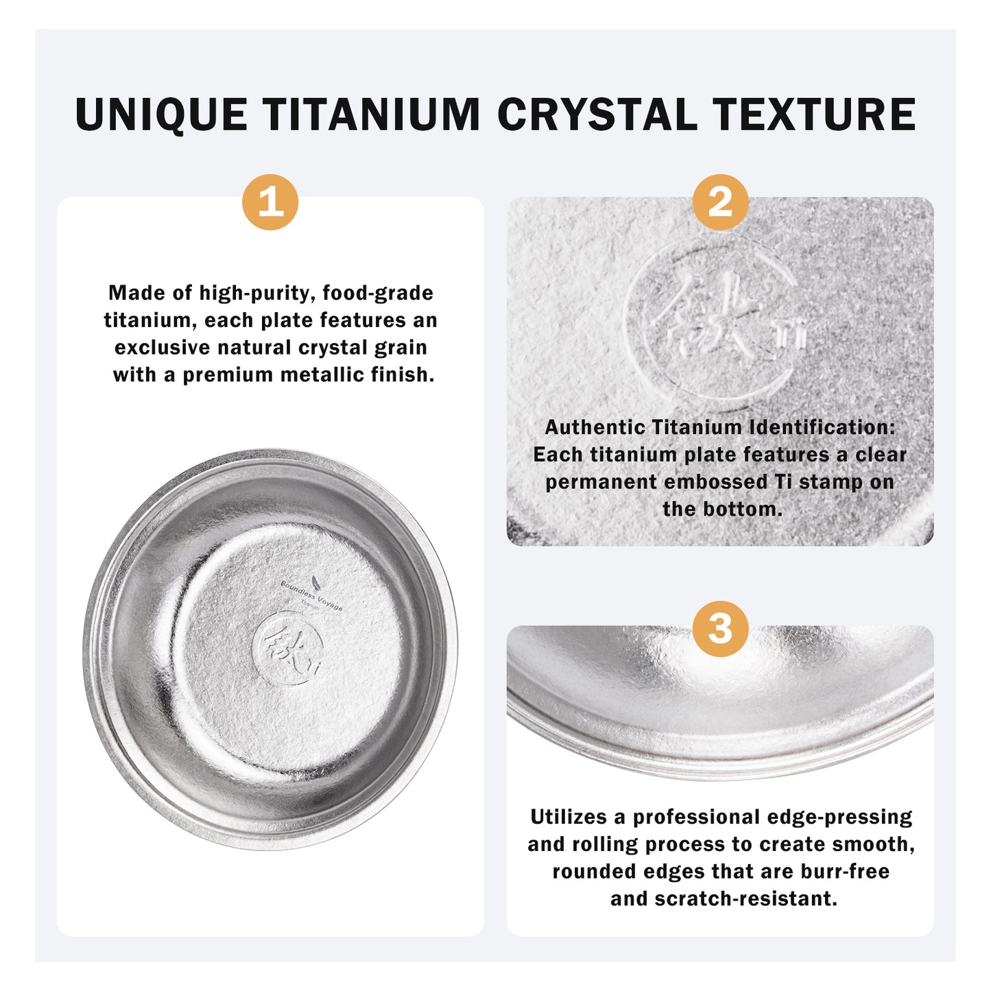 Boundless Voyage Titanium Round Plate 0.5mm Ultralight Coating-Free Dinner Dish for Camping Picnic Home Kitchen Ti1150T-Ti1154T