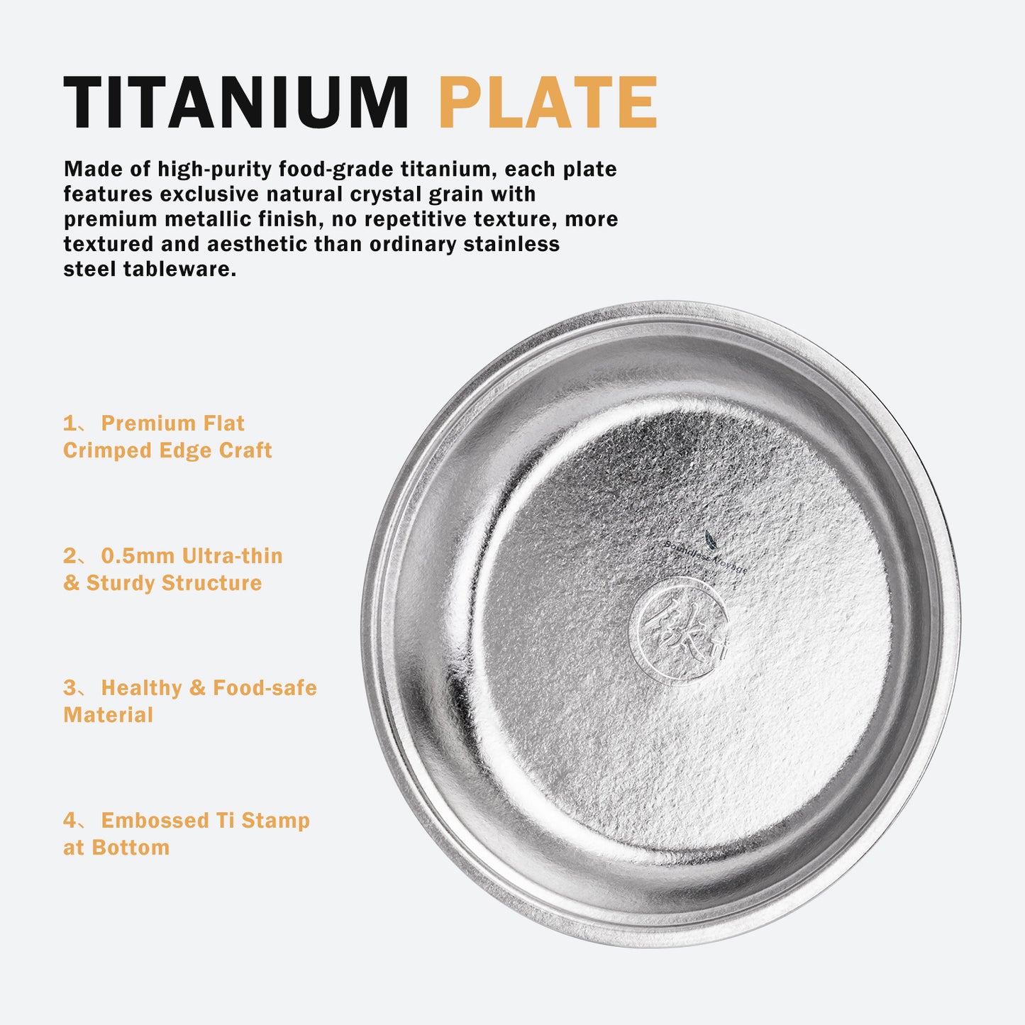 Boundless Voyage Titanium Round Plate 0.5mm Ultralight Coating-Free Dinner Dish for Camping Picnic Home Kitchen Ti1150T-Ti1154T