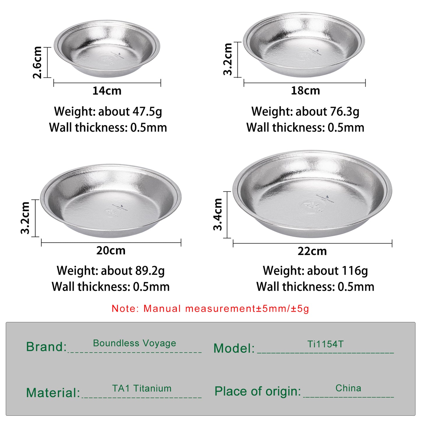 Boundless Voyage Titanium Round Plate 0.5mm Ultralight Coating-Free Dinner Dish for Camping Picnic Home Kitchen Ti1150T-Ti1154T