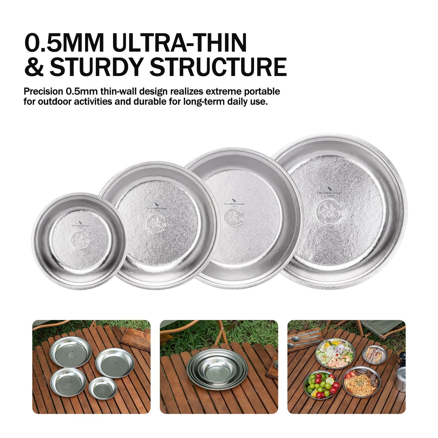 Boundless Voyage Titanium Round Plate 0.5mm Ultralight Coating-Free Dinner Dish for Camping Picnic Home Kitchen Ti1150T-Ti1154T