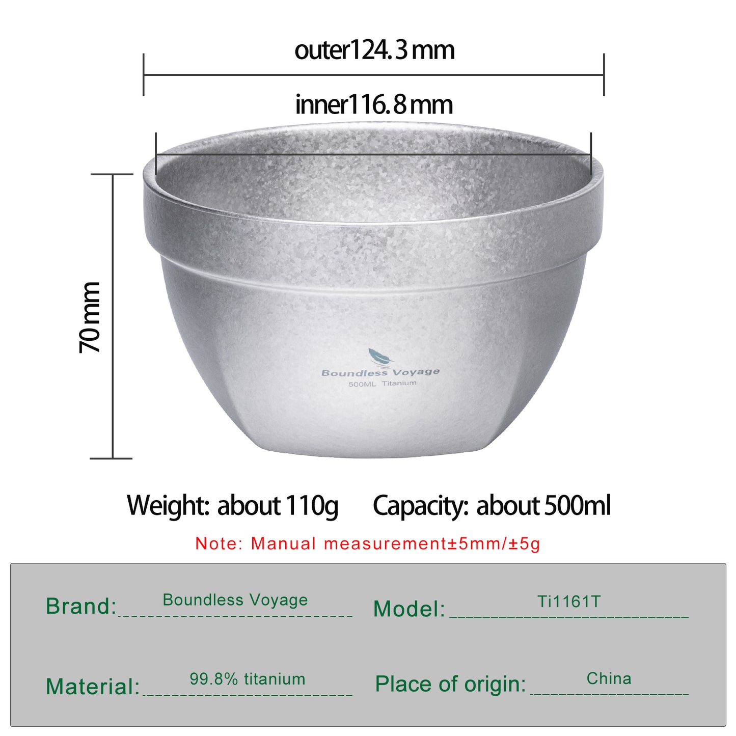 Boundless Voyage Crystallized Double Walled Pure Titanium Bowl 500ml / 800ml | Ultralight Portable Metal Tableware for Oatmeal, Rice, Soup, Outdoor Camping & Daily Home Use Ti1161T-Ti1163T