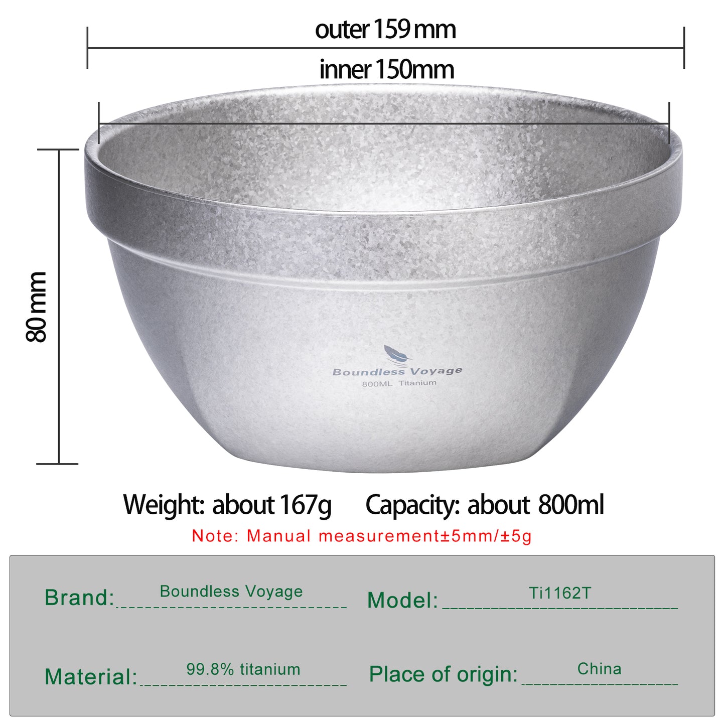 Boundless Voyage Crystallized Double Walled Pure Titanium Bowl 500ml / 800ml | Ultralight Portable Metal Tableware for Oatmeal, Rice, Soup, Outdoor Camping & Daily Home Use Ti1161T-Ti1163T