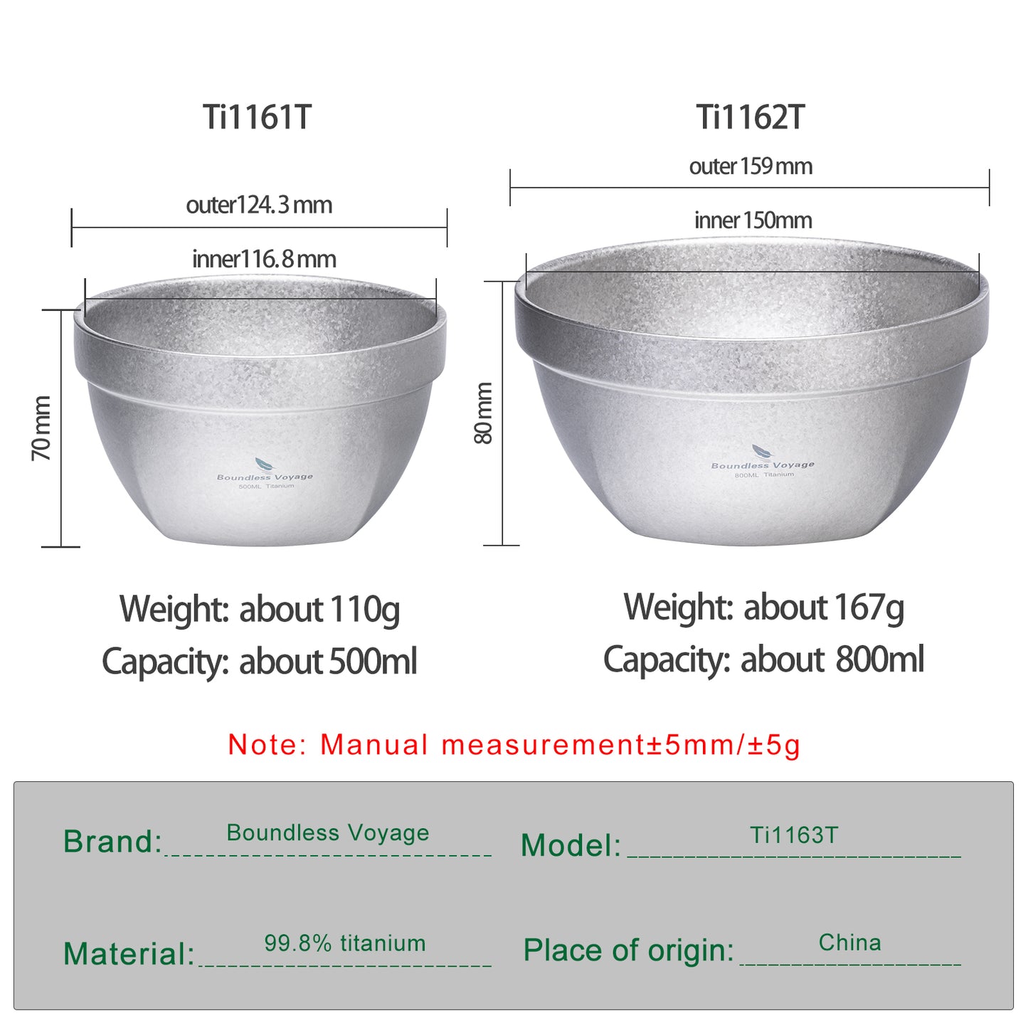 Boundless Voyage Crystallized Double Walled Pure Titanium Bowl 500ml / 800ml | Ultralight Portable Metal Tableware for Oatmeal, Rice, Soup, Outdoor Camping & Daily Home Use Ti1161T-Ti1163T