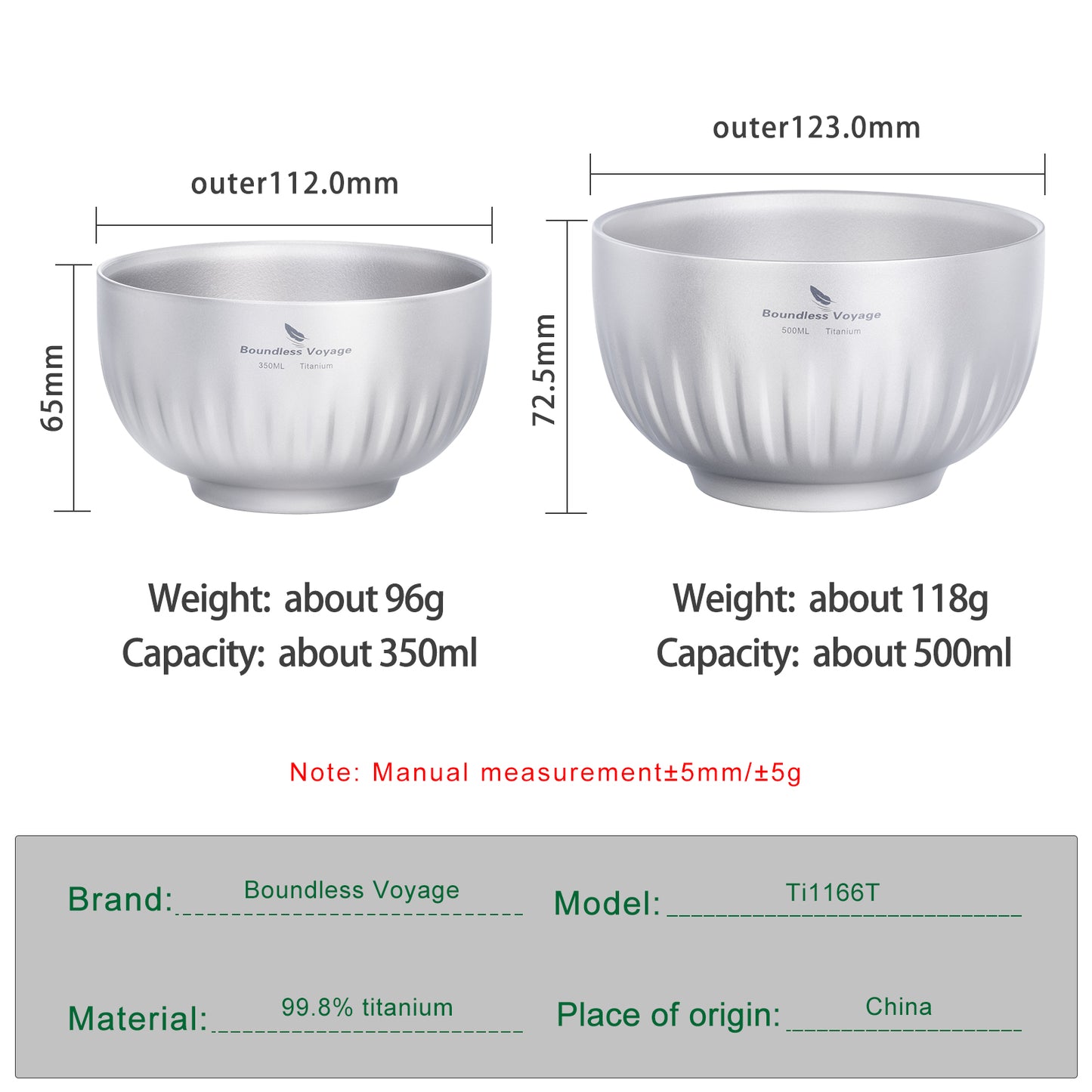 Boundless Voyage Double Walled Pure Titanium Bowl 350ml / 500ml | Ultralight Portable Metal Tableware for Oatmeal, Rice, Soup, Camping & Outdoor Use Ti1164T-Ti1166T
