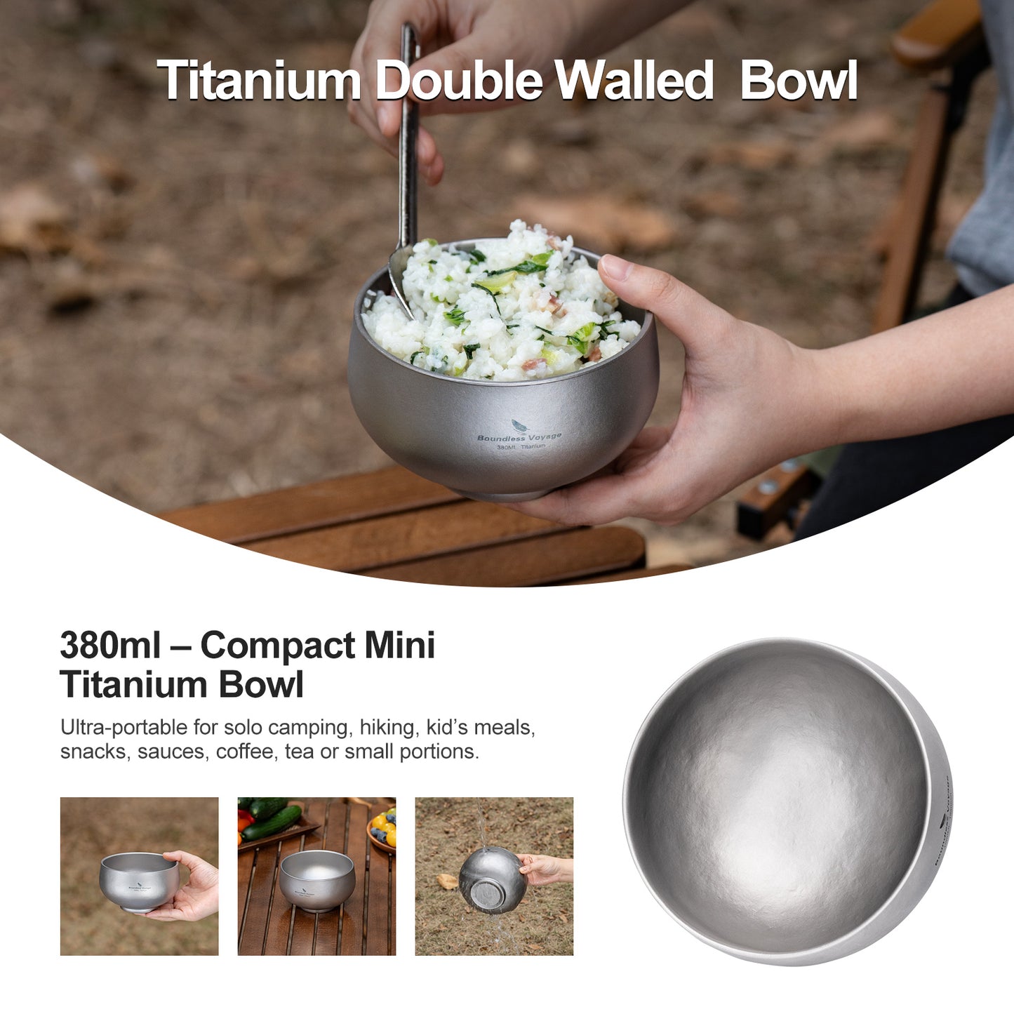 Boundless Voyage Double Walled Titanium Bowl 380ml / 950ml / 2000ml Lightweight Camping Bowls Titanium Reusable Bowl for Outdoor Hiking Backpacking Picnic Home