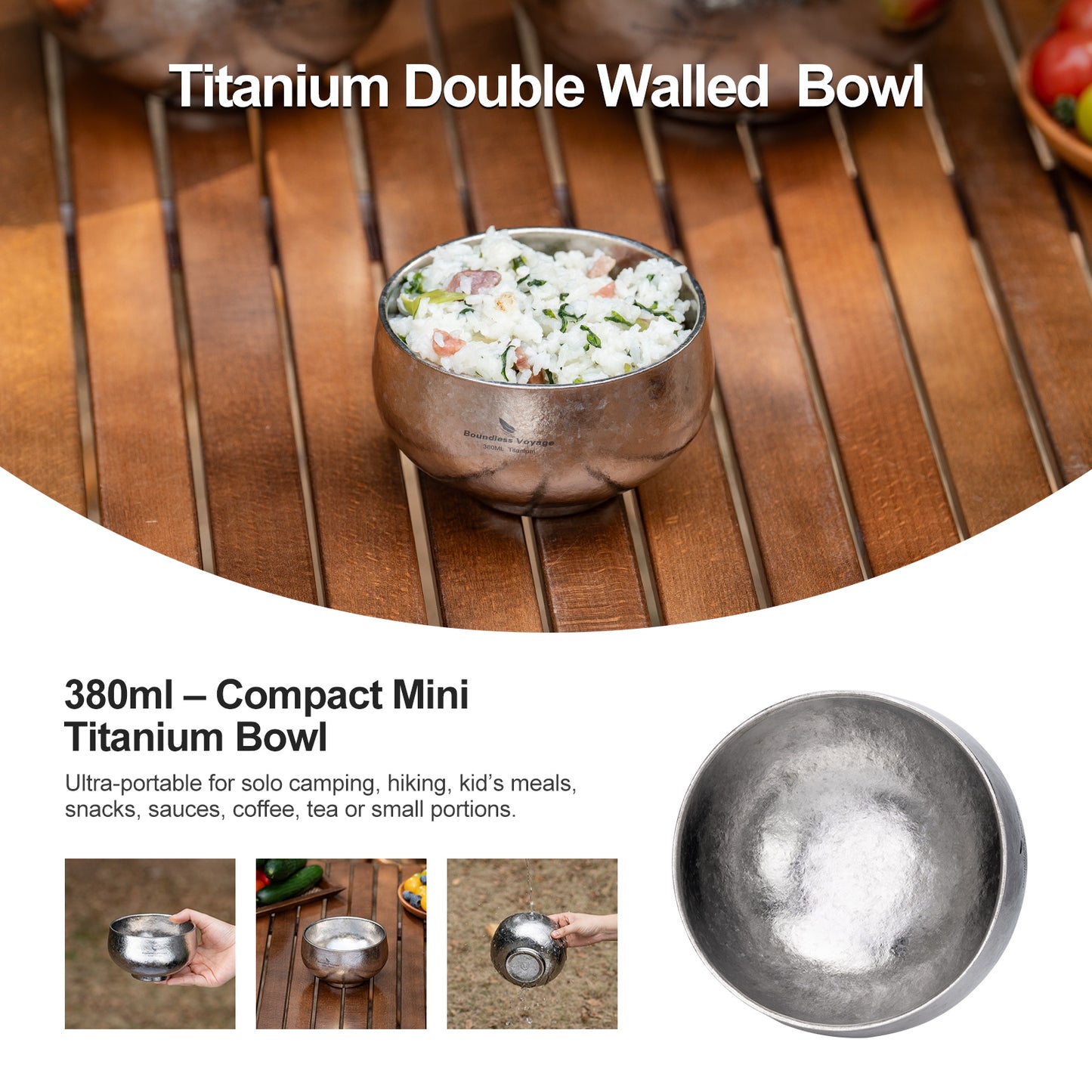 Boundless Voyage High-Temp Crystallized Double Walled Pure Titanium Bowl 380ml / 950ml / 2000ml | Lightweight Reusable Camping Tableware for Hiking Backpacking Picnic & Daily Home Use Ti1167A-Ti1167D