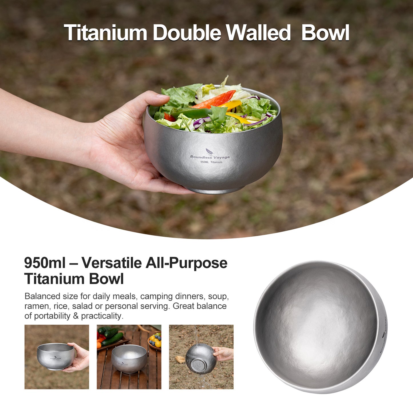 Boundless Voyage Sandblasted Double Walled Pure Titanium Bowl 380ml / 950ml / 2000ml | Lightweight Reusable Camping Tableware for Hiking Backpacking Picnic & Daily Home Use Ti1167A-Ti1167D