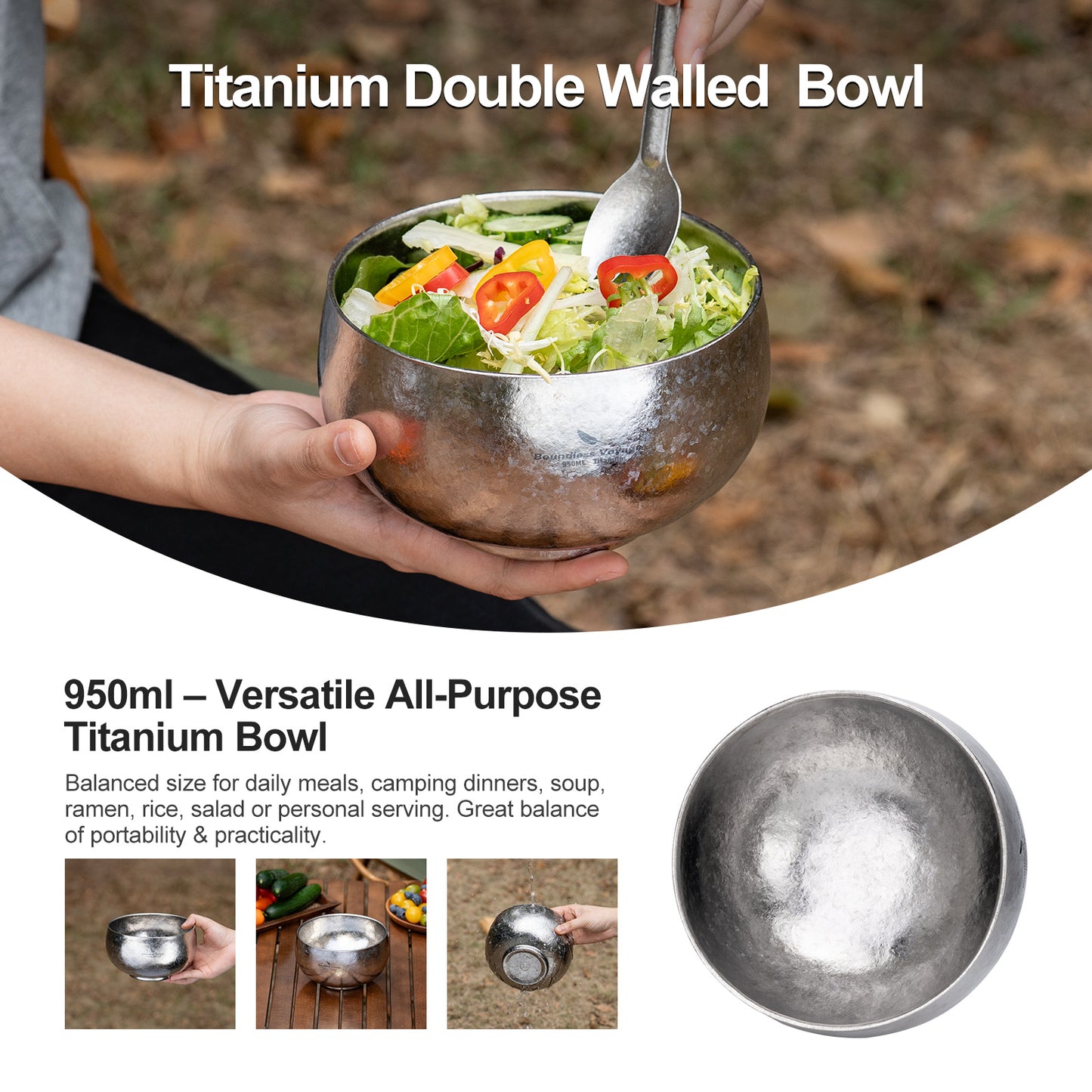 Boundless Voyage Double Walled Titanium Bowl 380ml / 950ml / 2000ml Lightweight Camping Bowls Titanium Reusable Bowl for Outdoor Hiking Backpacking Picnic Home