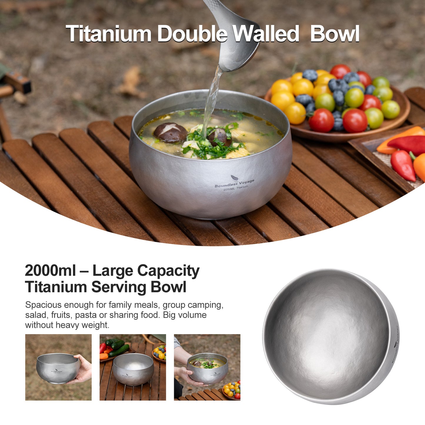 Boundless Voyage Sandblasted Double Walled Pure Titanium Bowl 380ml / 950ml / 2000ml | Lightweight Reusable Camping Tableware for Hiking Backpacking Picnic & Daily Home Use Ti1167A-Ti1167D
