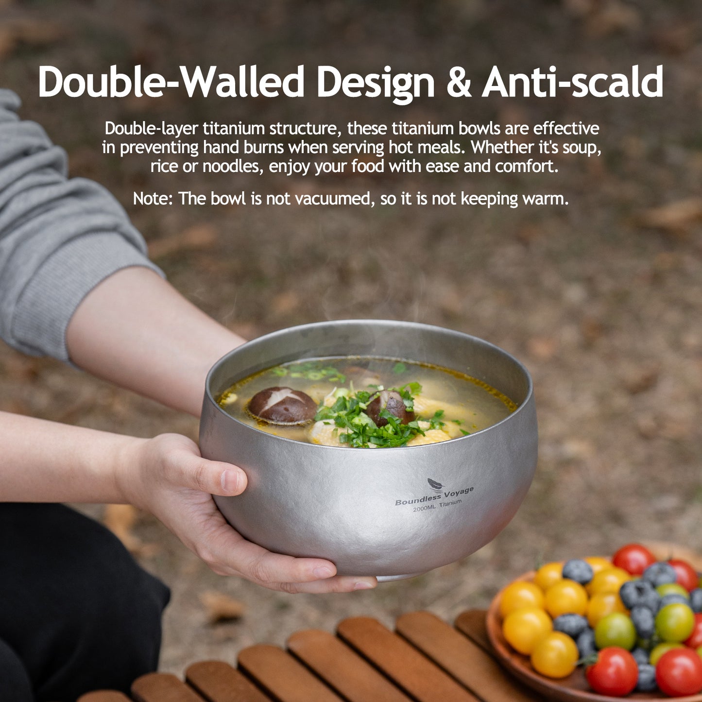 Boundless Voyage Sandblasted Double Walled Pure Titanium Bowl 380ml / 950ml / 2000ml | Lightweight Reusable Camping Tableware for Hiking Backpacking Picnic & Daily Home Use Ti1167A-Ti1167D