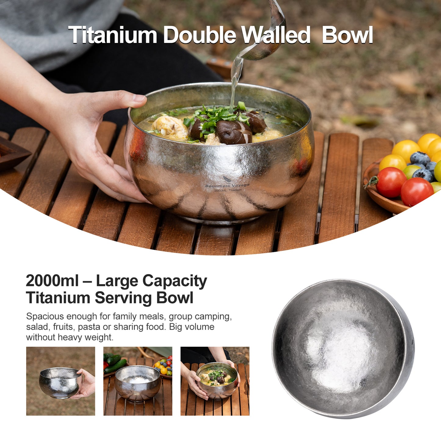 Boundless Voyage High-Temp Crystallized Double Walled Pure Titanium Bowl 380ml / 950ml / 2000ml | Lightweight Reusable Camping Tableware for Hiking Backpacking Picnic & Daily Home Use Ti1167A-Ti1167D