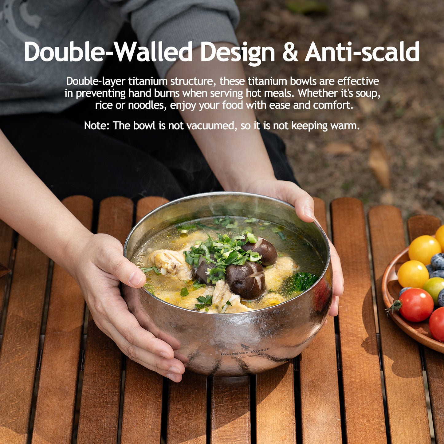 Boundless Voyage Double Walled Titanium Bowl 380ml / 950ml / 2000ml Lightweight Camping Bowls Titanium Reusable Bowl for Outdoor Hiking Backpacking Picnic Home