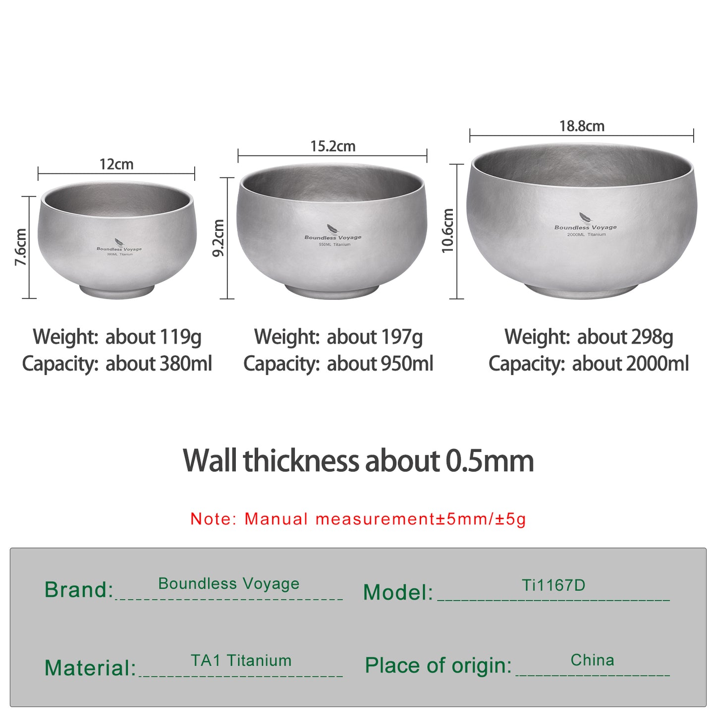 Boundless Voyage Double Walled Titanium Bowl 380ml / 950ml / 2000ml Lightweight Camping Bowls Titanium Reusable Bowl for Outdoor Hiking Backpacking Picnic Home