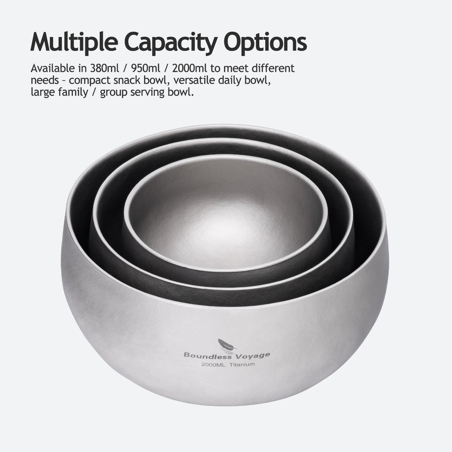 Boundless Voyage Sandblasted Double Walled Pure Titanium Bowl 380ml / 950ml / 2000ml | Lightweight Reusable Camping Tableware for Hiking Backpacking Picnic & Daily Home Use Ti1167A-Ti1167D