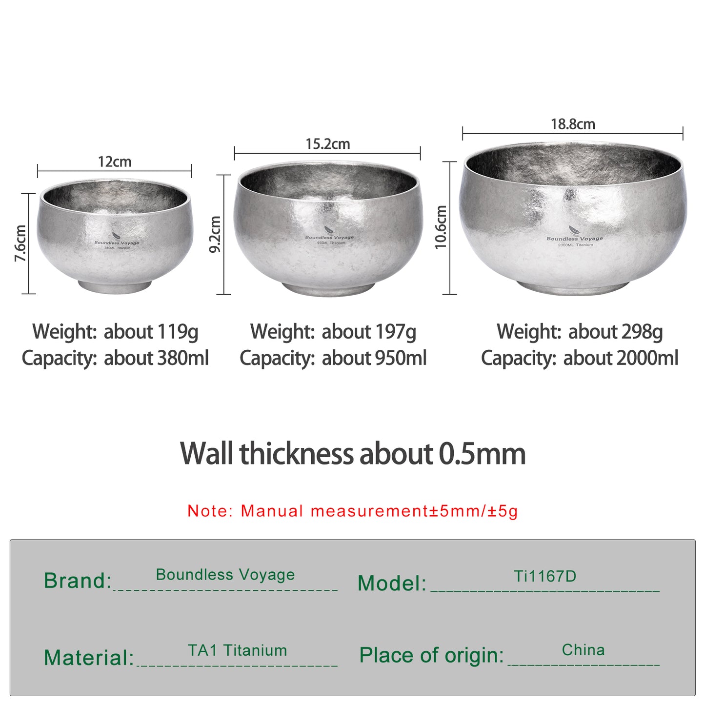 Boundless Voyage High-Temp Crystallized Double Walled Pure Titanium Bowl 380ml / 950ml / 2000ml | Lightweight Reusable Camping Tableware for Hiking Backpacking Picnic & Daily Home Use Ti1167A-Ti1167D