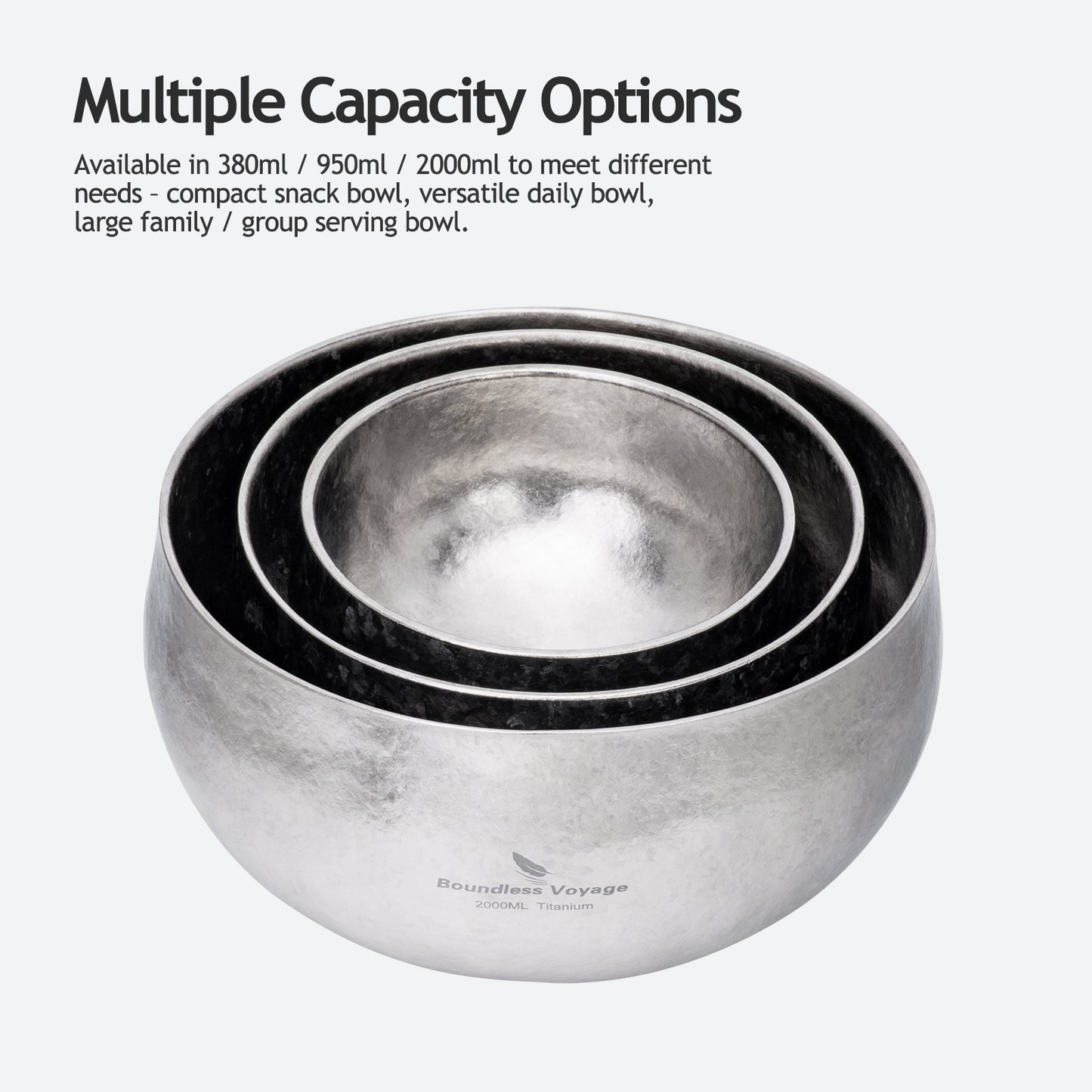 Boundless Voyage High-Temp Crystallized Double Walled Pure Titanium Bowl 380ml / 950ml / 2000ml | Lightweight Reusable Camping Tableware for Hiking Backpacking Picnic & Daily Home Use Ti1167A-Ti1167D